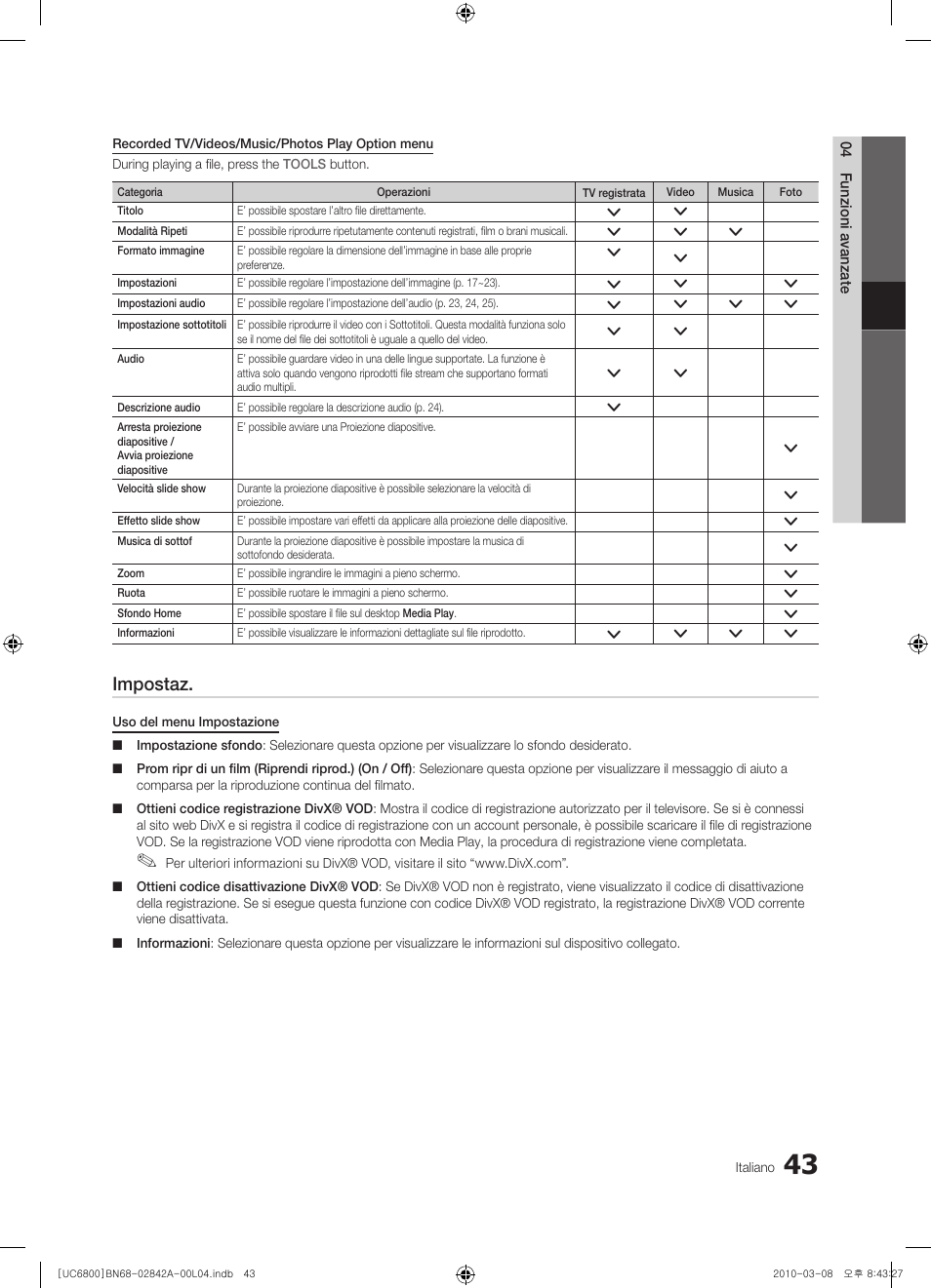 Impostaz | Samsung UE37C6820US User Manual | Page 229 / 249