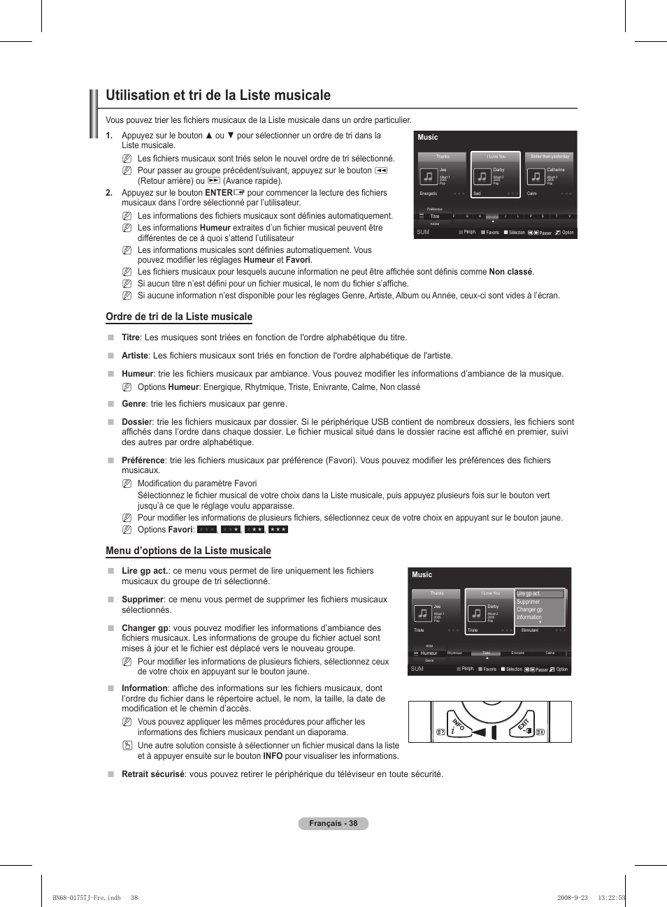 Utilisation et tri de la liste musicale, Ordre de tri de la liste musicale, Menu d’options de la liste musicale | Retour arrière) ou, Avance rapide). . appuyez sur le bouton enter, Nn n | Samsung PS63A756T1M User Manual | Page 101 / 436