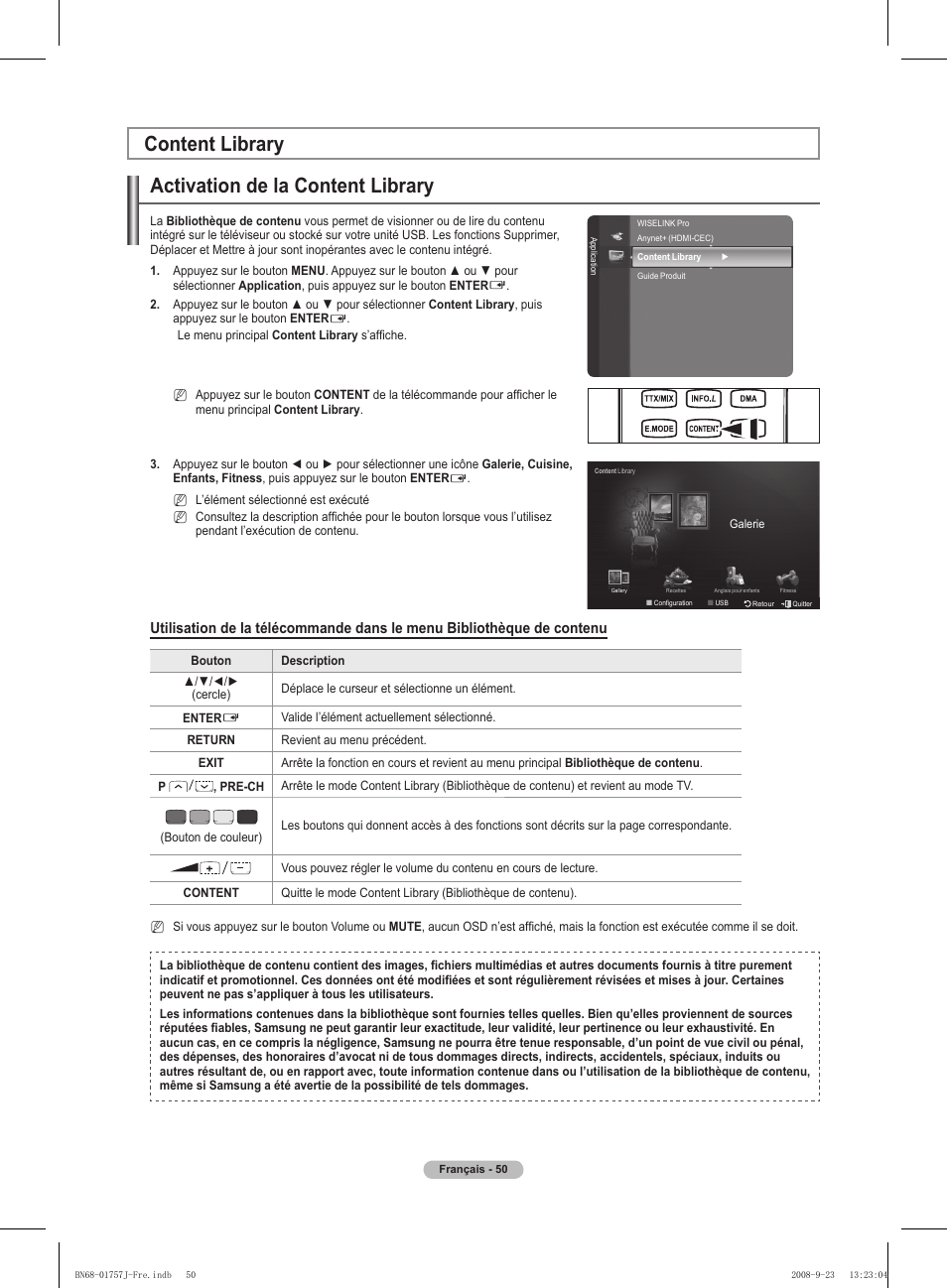 Activation de la content library, Content library | Samsung PS63A756T1M User Manual | Page 113 / 436