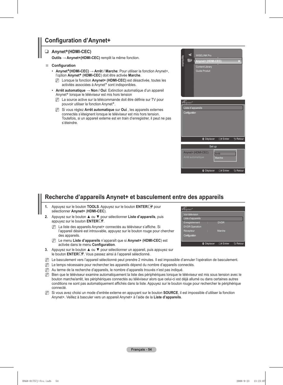 Configuration d’anynet, Anynet+(hdmi-cec) | Samsung PS63A756T1M User Manual | Page 117 / 436