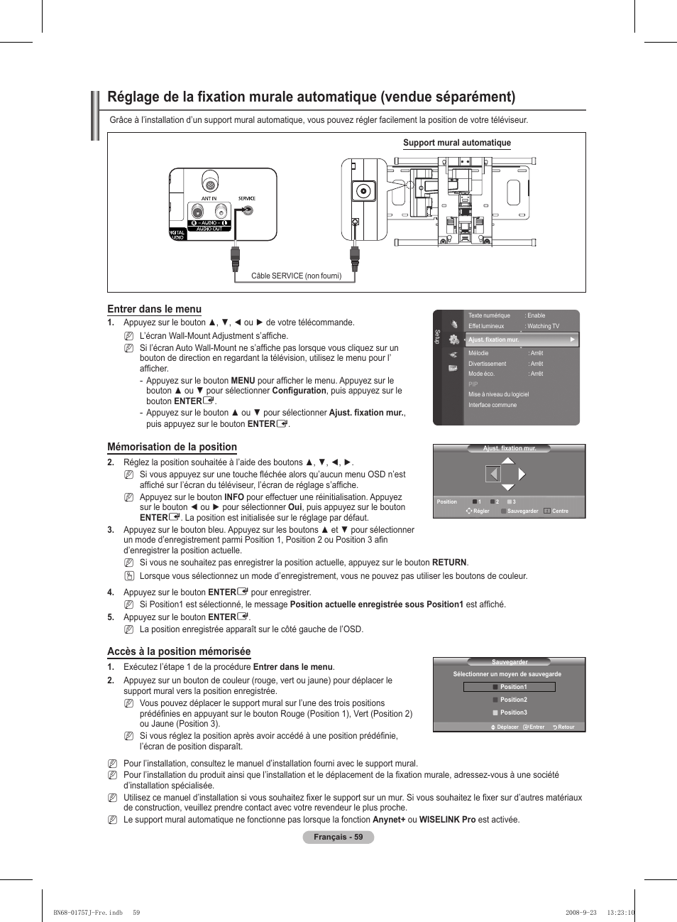Entrer dans le menu, Mémorisation de la position, Accès à la position mémorisée | Samsung PS63A756T1M User Manual | Page 122 / 436