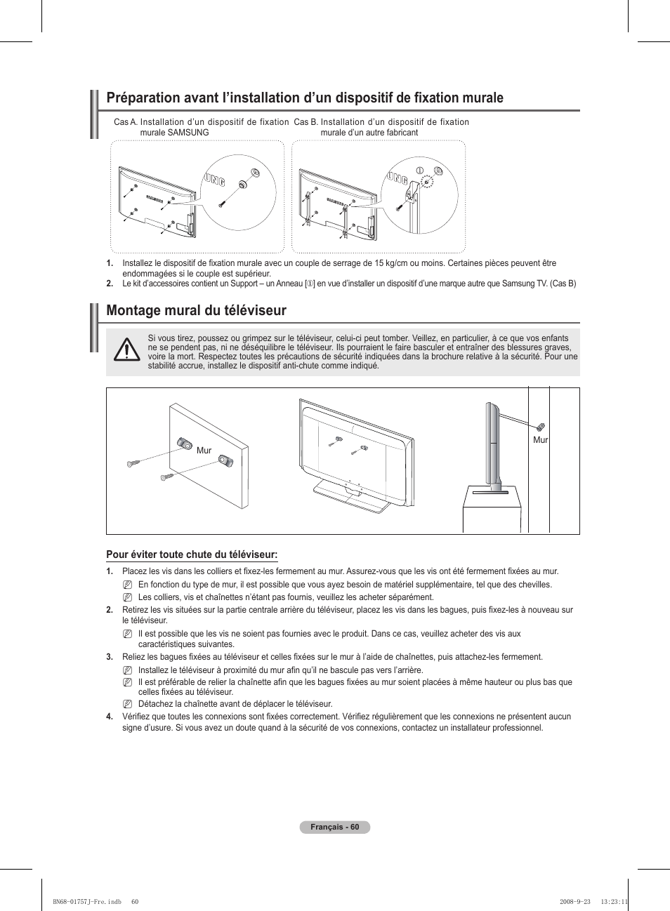 경고 주의 경고 주의, Montage mural du téléviseur | Samsung PS63A756T1M User Manual | Page 123 / 436