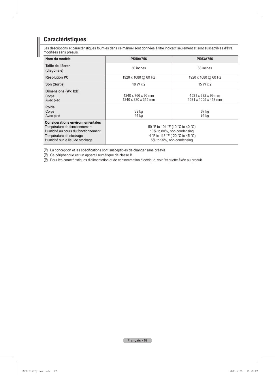 Caractéristiques | Samsung PS63A756T1M User Manual | Page 125 / 436