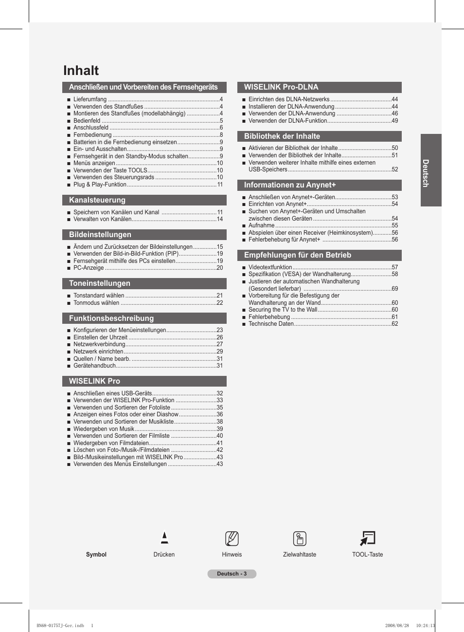 No t, Inhalt | Samsung PS63A756T1M User Manual | Page 128 / 436