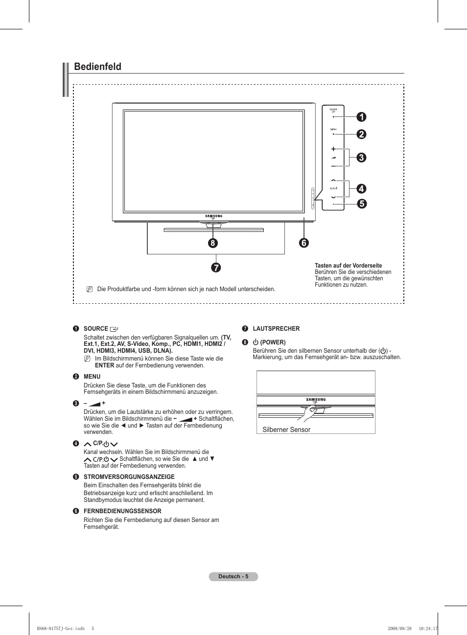 Bedienfeld | Samsung PS63A756T1M User Manual | Page 130 / 436