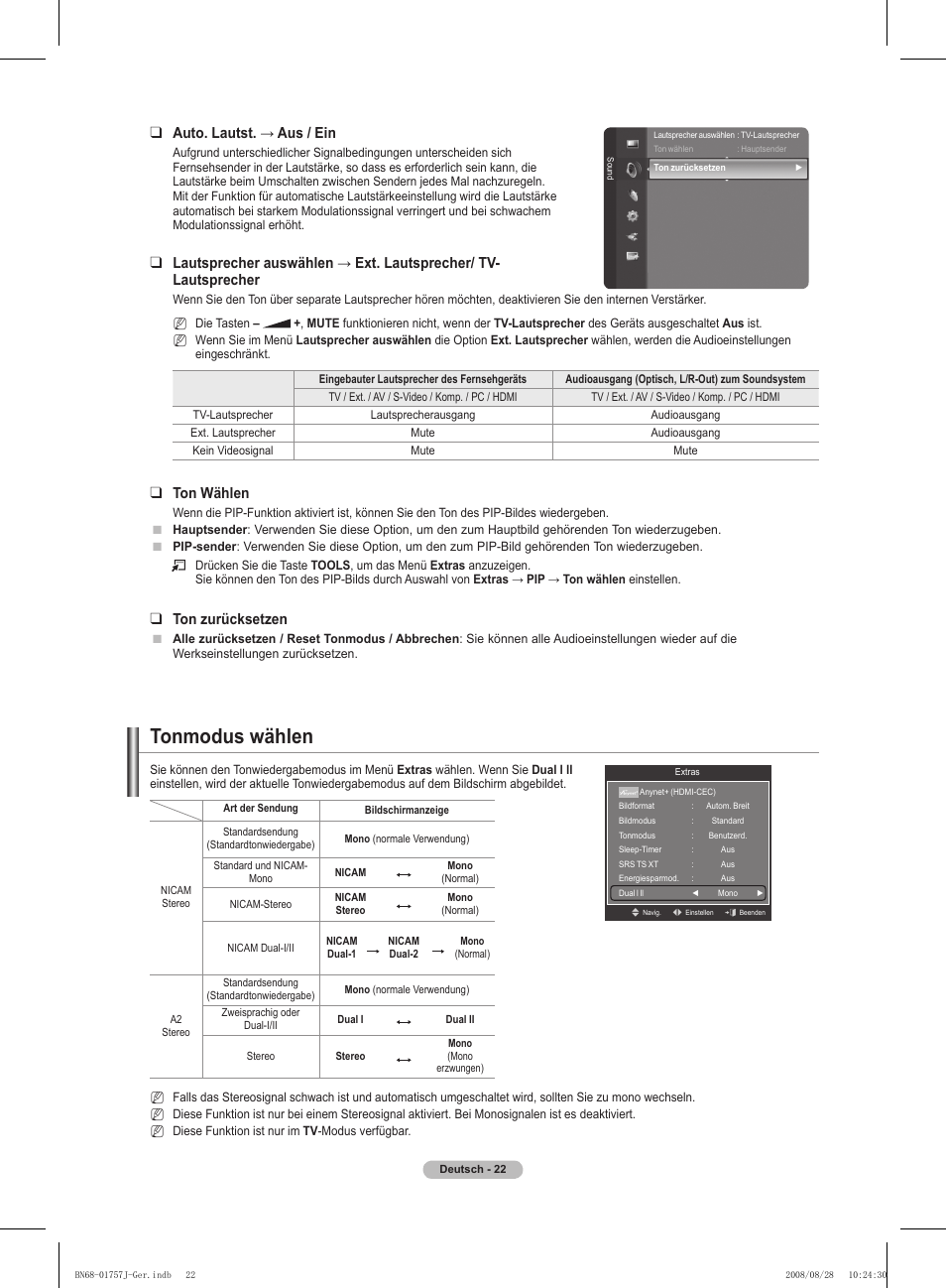 Tonmodus wählen, Auto. lautst. → aus / ein, Ton wählen | Ton zurücksetzen | Samsung PS63A756T1M User Manual | Page 147 / 436