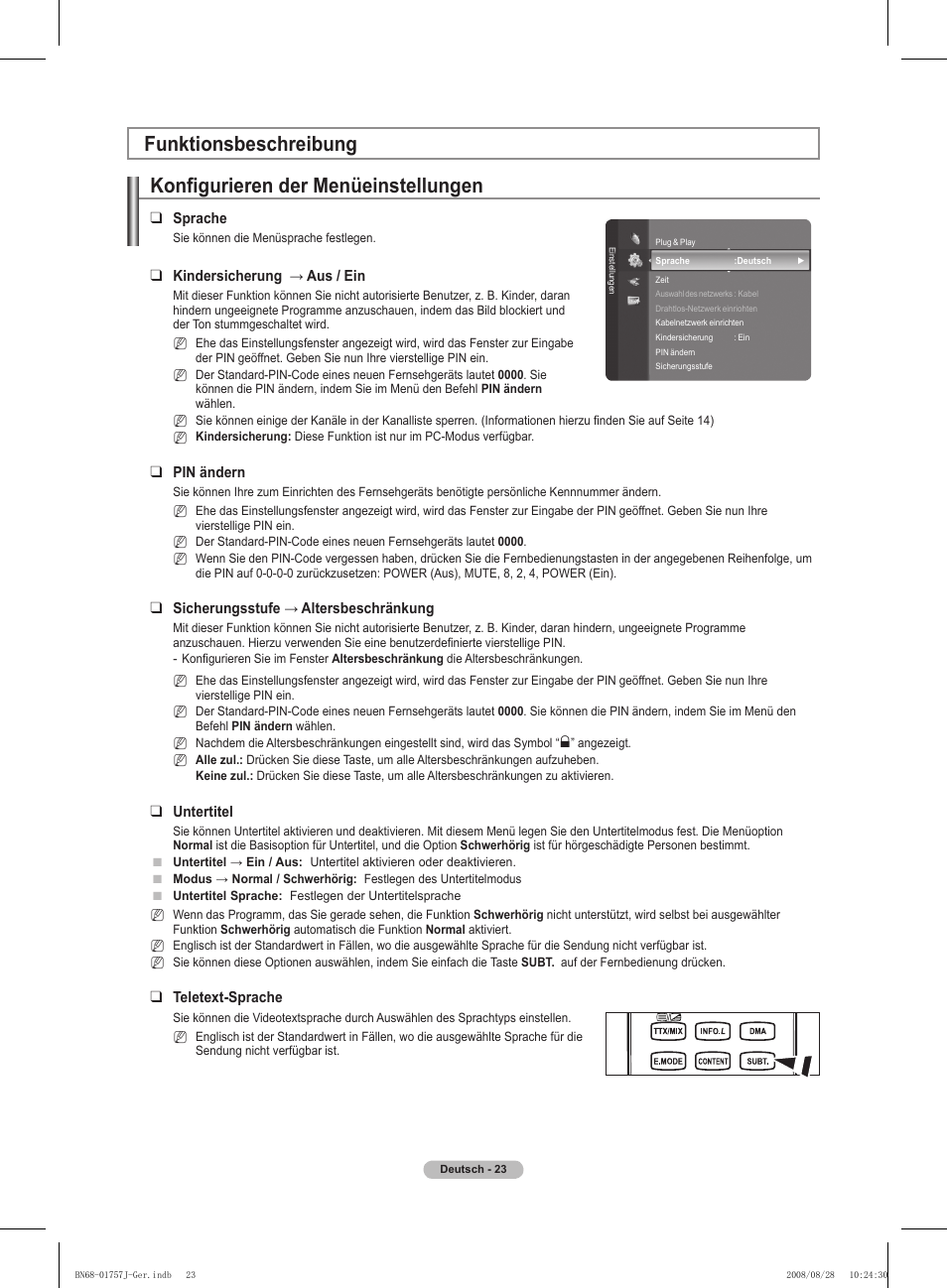 Konfigurieren der menüeinstellungen, Funktionsbeschreibung | Samsung PS63A756T1M User Manual | Page 148 / 436