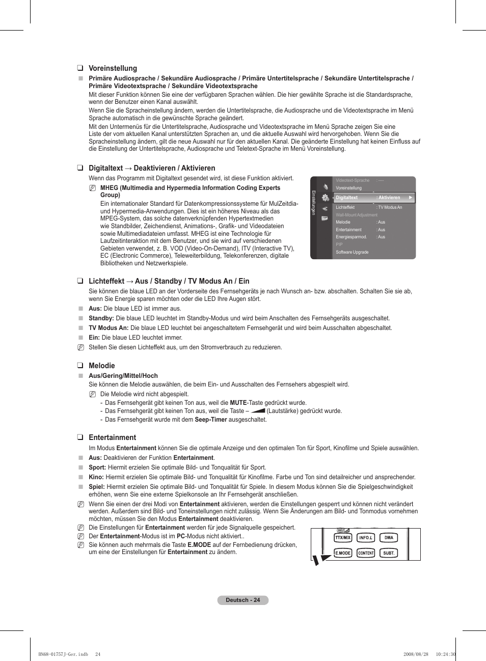 Voreinstellung, Digitaltext → deaktivieren / aktivieren, Lichteffekt → aus / standby / tv modus an / ein | Melodie, Entertainment | Samsung PS63A756T1M User Manual | Page 149 / 436