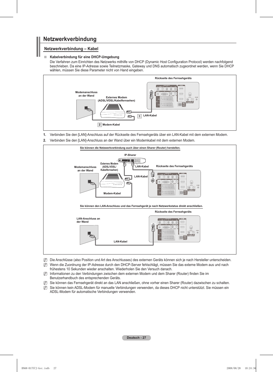 Netzwerkverbindung, Netzwerkverbindung – kabel | Samsung PS63A756T1M User Manual | Page 152 / 436