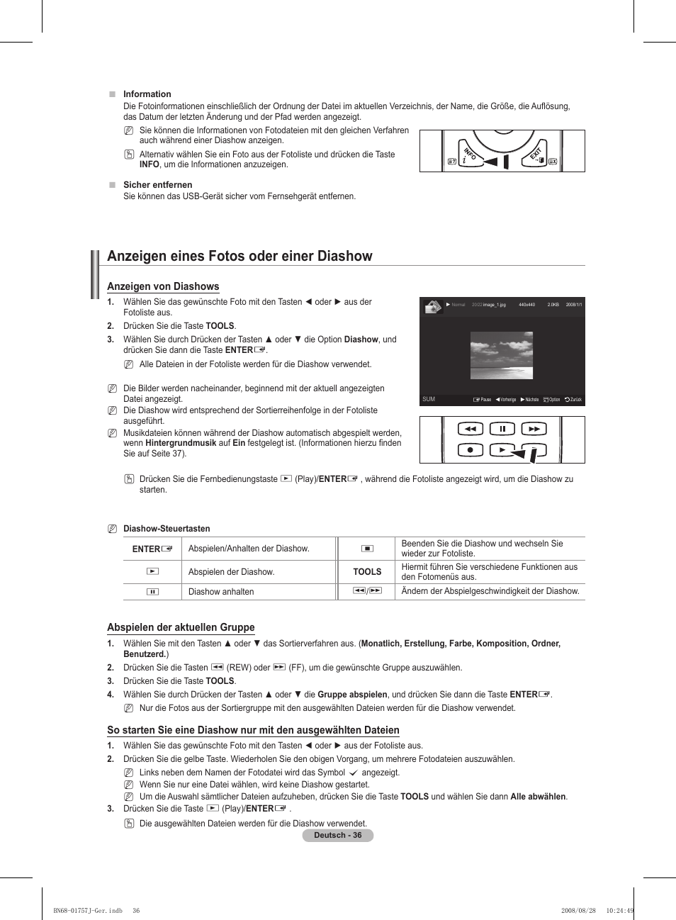 Anzeigen eines fotos oder einer diashow, Anzeigen von diashows, Abspielen der aktuellen gruppe | Samsung PS63A756T1M User Manual | Page 161 / 436