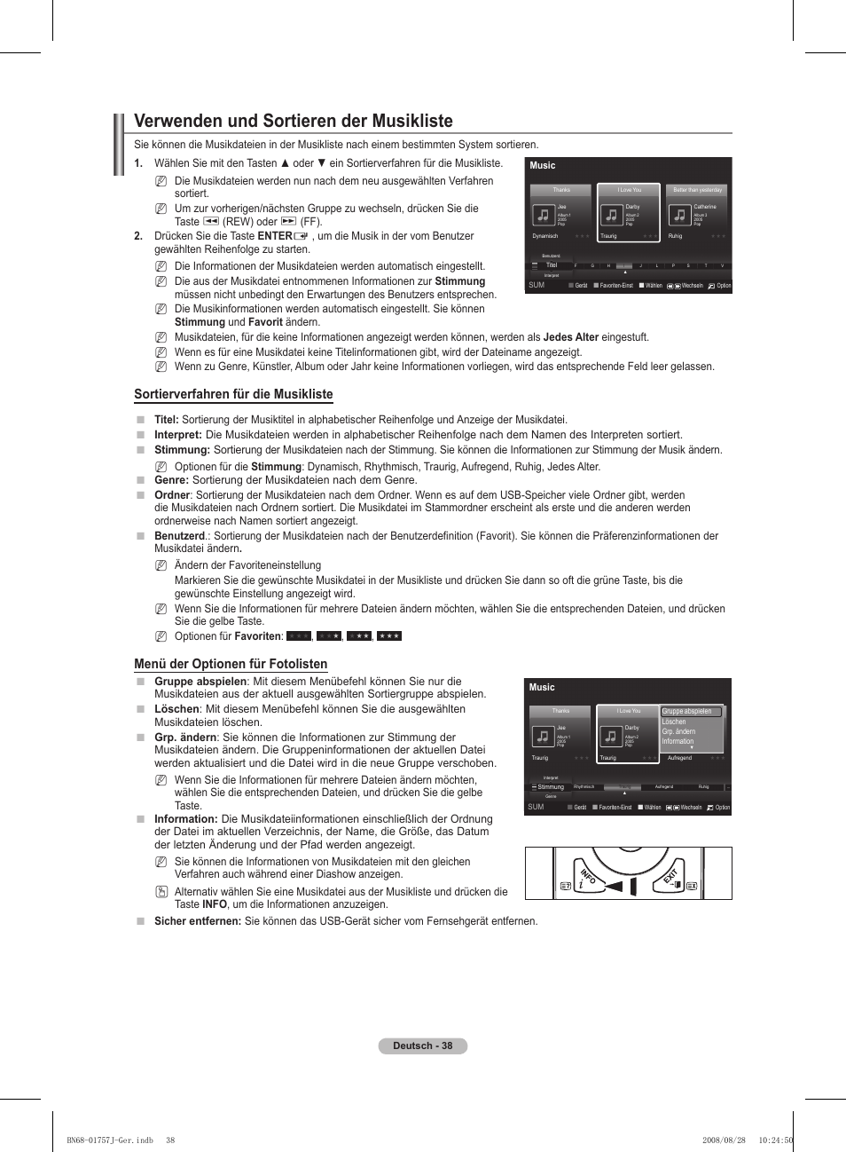 Verwenden und sortieren der musikliste, Sortierverfahren für die musikliste, Menü der optionen für fotolisten | Rew) oder, Ff). 2. drücken sie die taste enter | Samsung PS63A756T1M User Manual | Page 163 / 436
