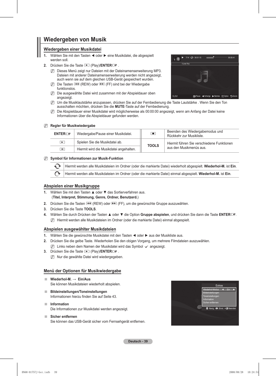 Wiedergeben von musik, Wiedergeben einer musikdatei, Abspielen einer musikgruppe | Abspielen ausgewählter musikdateien, Menü der optionen für musikwiedergabe | Samsung PS63A756T1M User Manual | Page 164 / 436