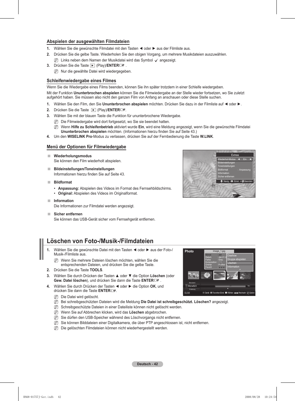 Löschen von foto-/musik-/filmdateien, Abspielen der ausgewählten filmdateien, Schleifenwiedergabe eines filmes | Menü der optionen für filmwiedergabe | Samsung PS63A756T1M User Manual | Page 167 / 436