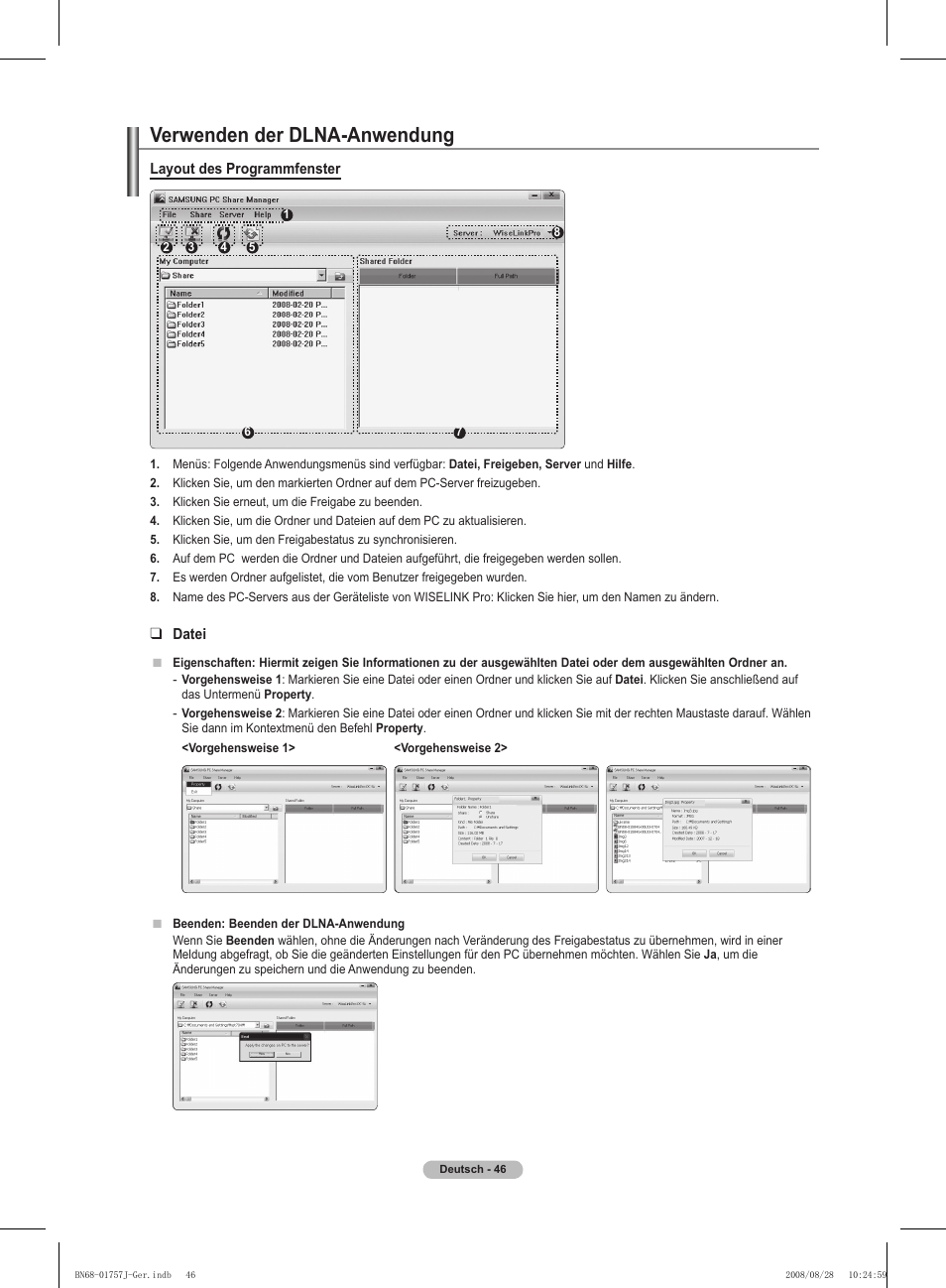 Verwenden der dlna-anwendung, Layout des programmfenster, Datei | Samsung PS63A756T1M User Manual | Page 171 / 436