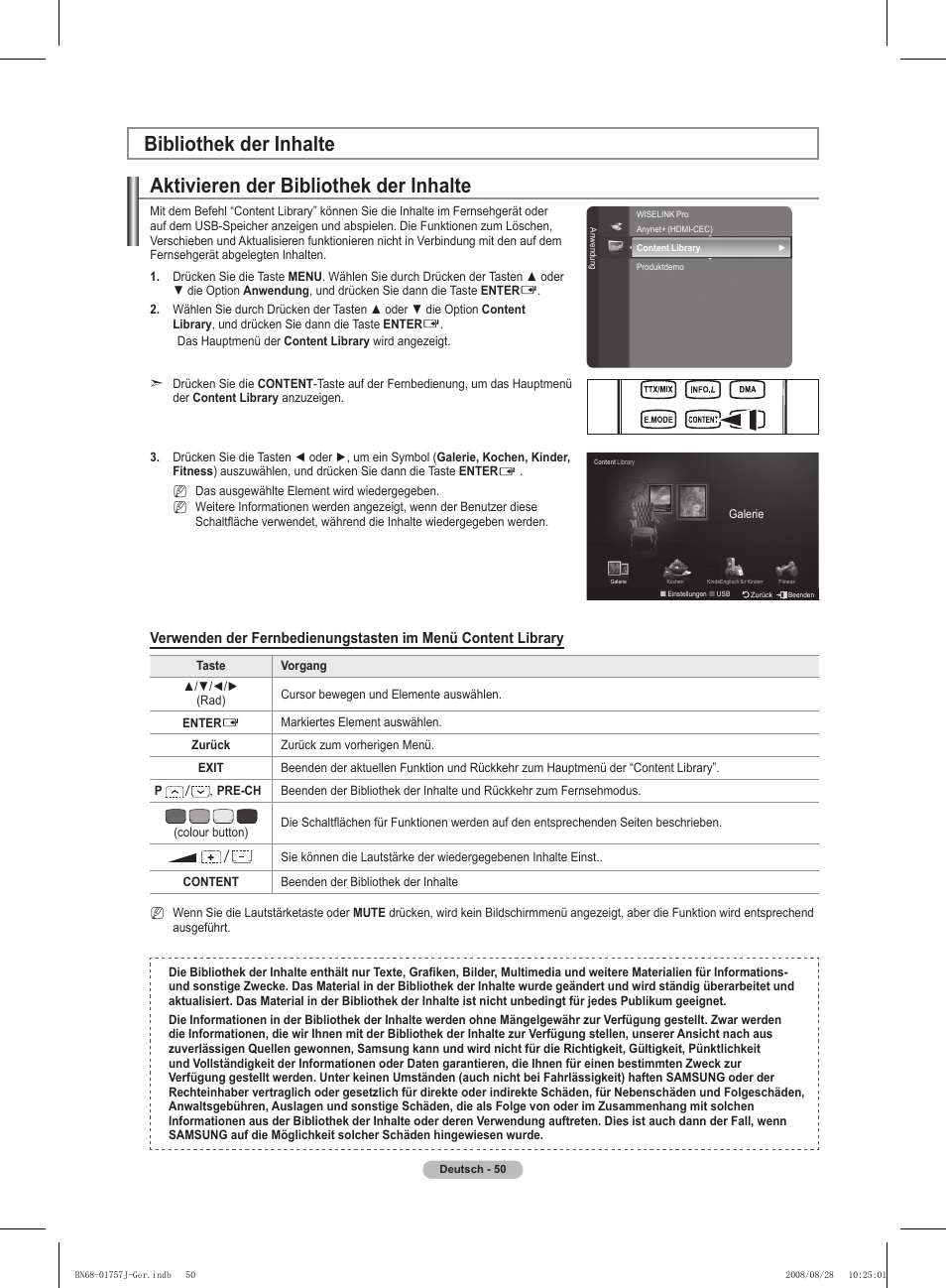 Aktivieren der bibliothek der inhalte, Bibliothek der inhalte | Samsung PS63A756T1M User Manual | Page 175 / 436