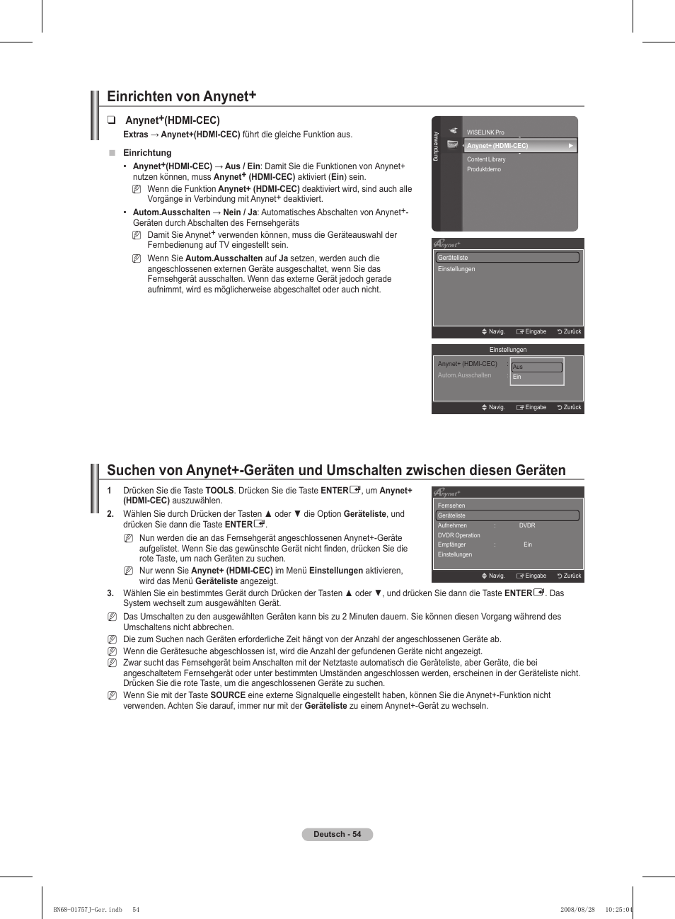 Einrichten von anynet, Anynet+(hdmi-cec) | Samsung PS63A756T1M User Manual | Page 179 / 436