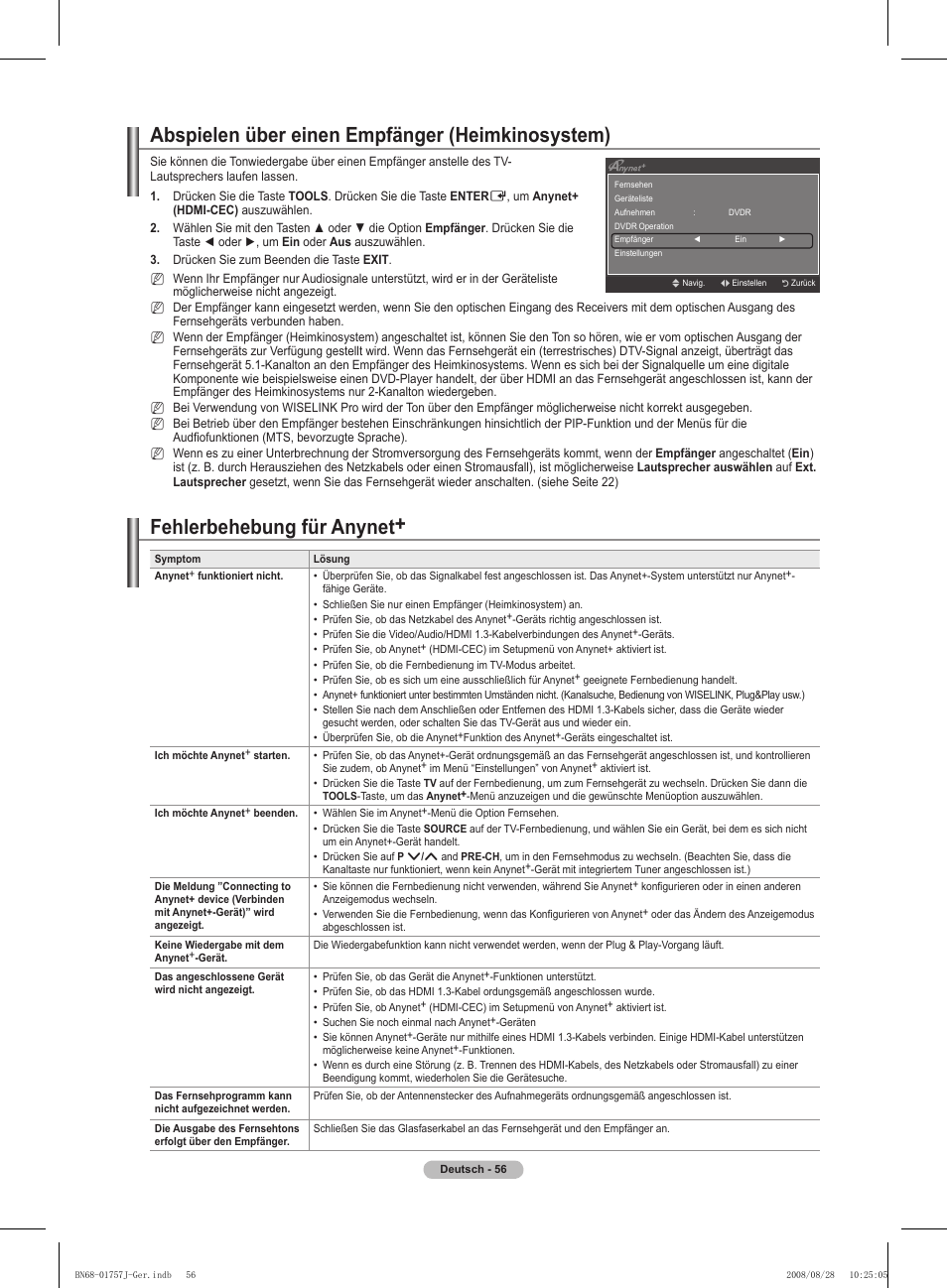 Abspielen über einen empfänger (heimkinosystem), Fehlerbehebung für anynet | Samsung PS63A756T1M User Manual | Page 181 / 436
