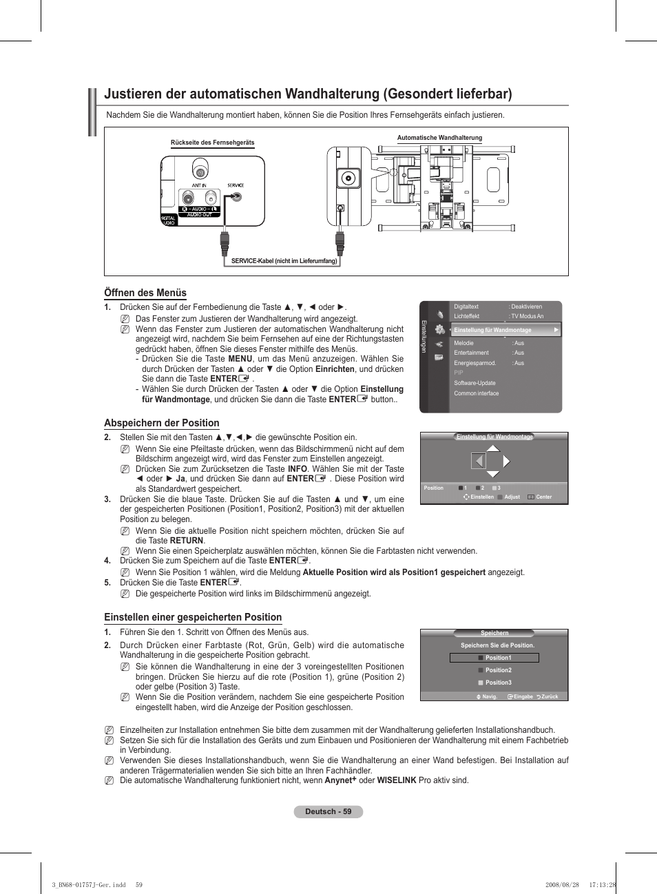 Öffnen des menüs, Abspeichern der position, Einstellen einer gespeicherten position | Samsung PS63A756T1M User Manual | Page 184 / 436