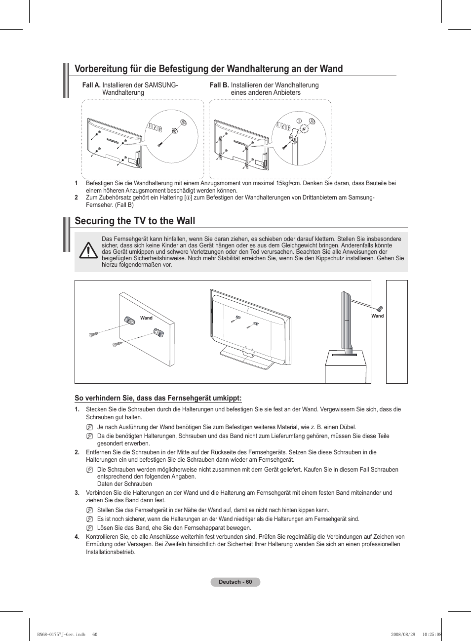 경고 주의 경고 주의, Securing the tv to the wall | Samsung PS63A756T1M User Manual | Page 185 / 436
