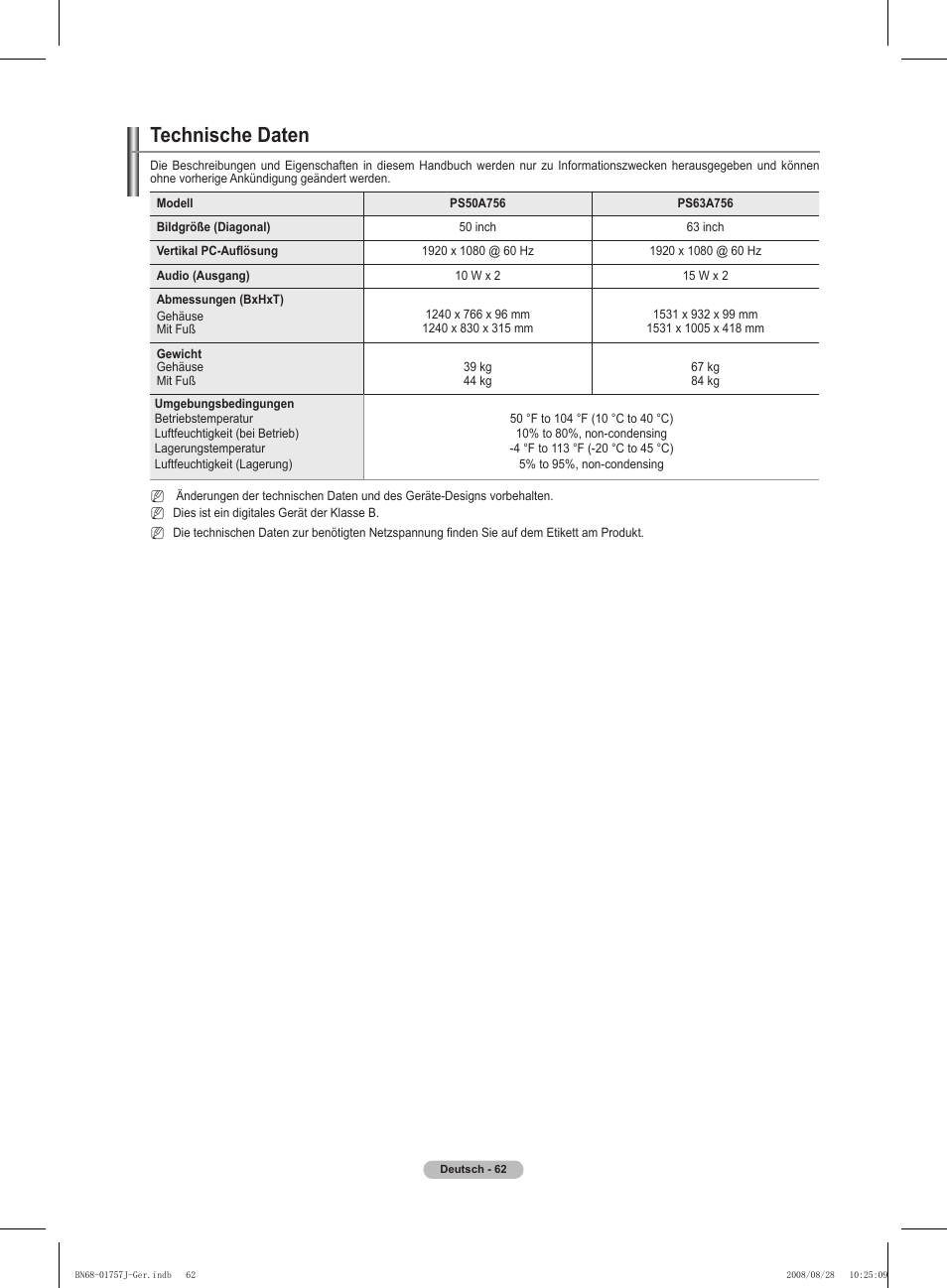 Technische daten | Samsung PS63A756T1M User Manual | Page 187 / 436