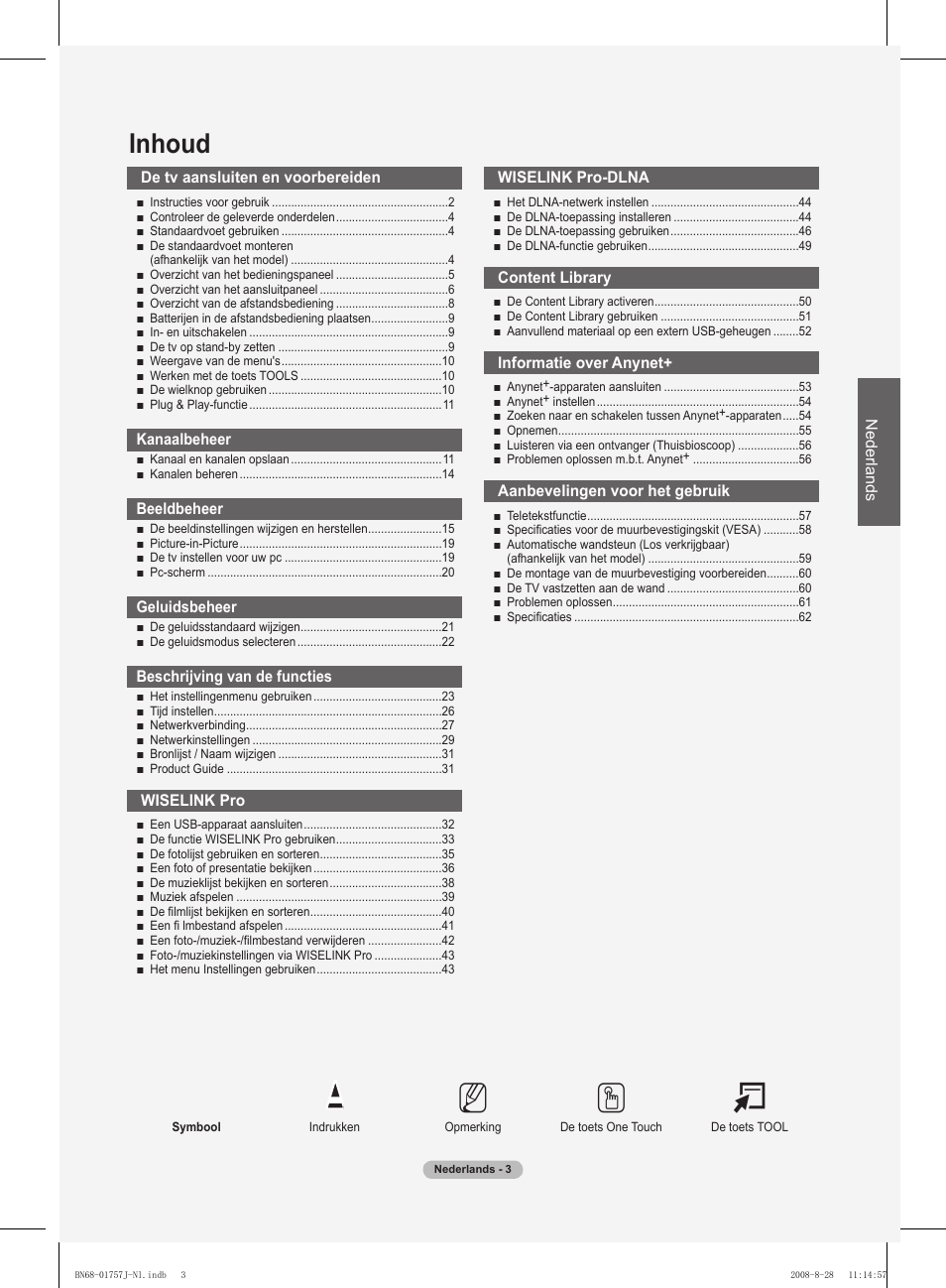 No t, Inhoud | Samsung PS63A756T1M User Manual | Page 190 / 436