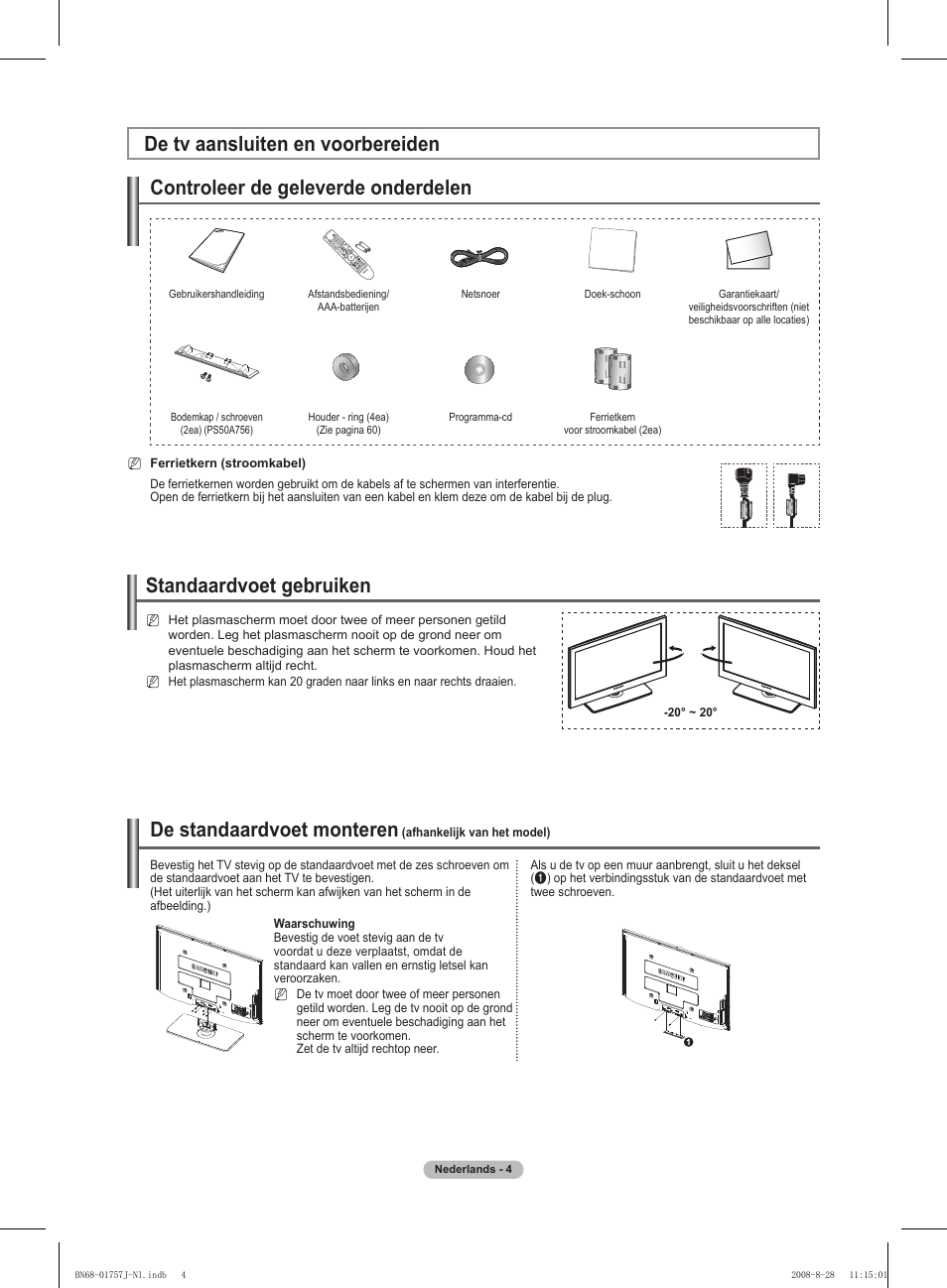 Standaardvoet gebruiken, De standaardvoet monteren | Samsung PS63A756T1M User Manual | Page 191 / 436