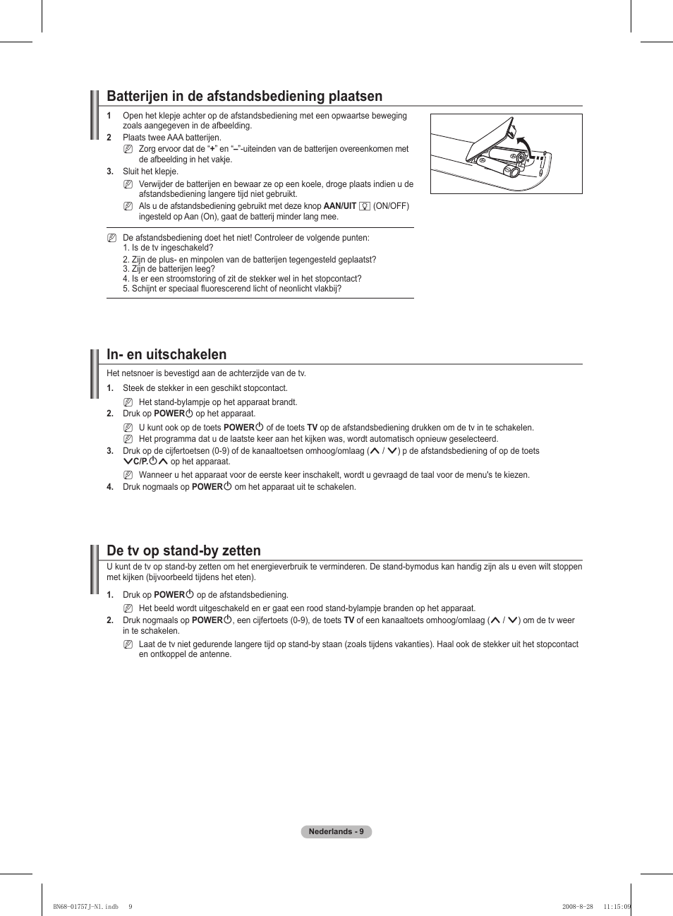 Batterijen in de afstandsbediening plaatsen, In- en uitschakelen, De tv op stand-by zetten | Samsung PS63A756T1M User Manual | Page 196 / 436
