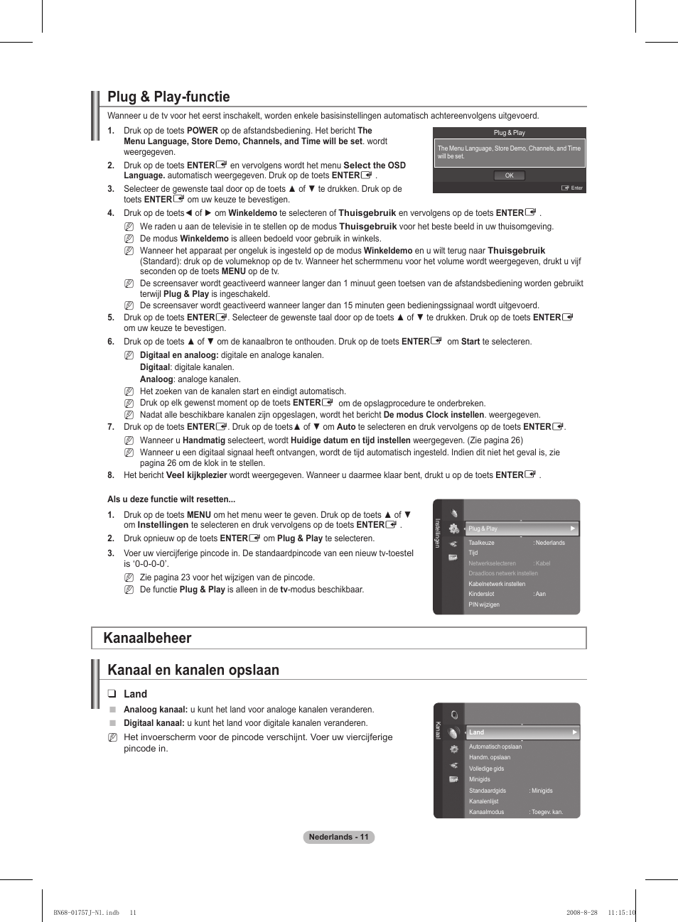 Plug & play-functie, Kanaalbeheer kanaal en kanalen opslaan, Land | Samsung PS63A756T1M User Manual | Page 198 / 436