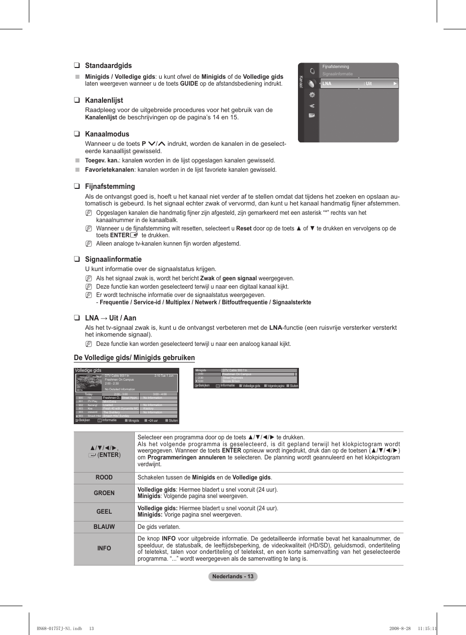 Standaardgids, Kanalenlijst, Kanaalmodus | Fijnafstemming, Signaalinformatie, Lna → uit / aan, De volledige gids/ minigids gebruiken | Samsung PS63A756T1M User Manual | Page 200 / 436
