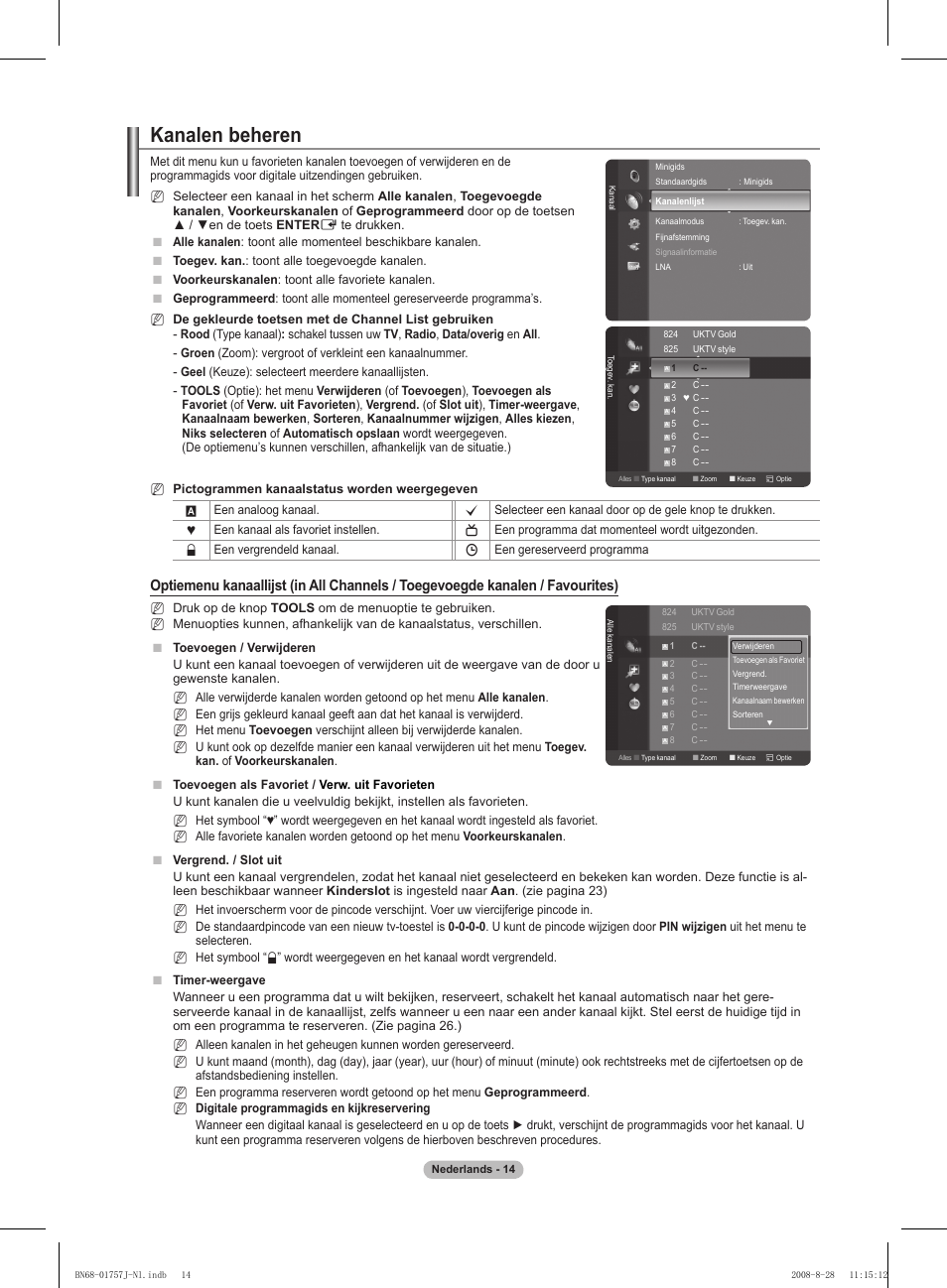 Kanalen beheren | Samsung PS63A756T1M User Manual | Page 201 / 436