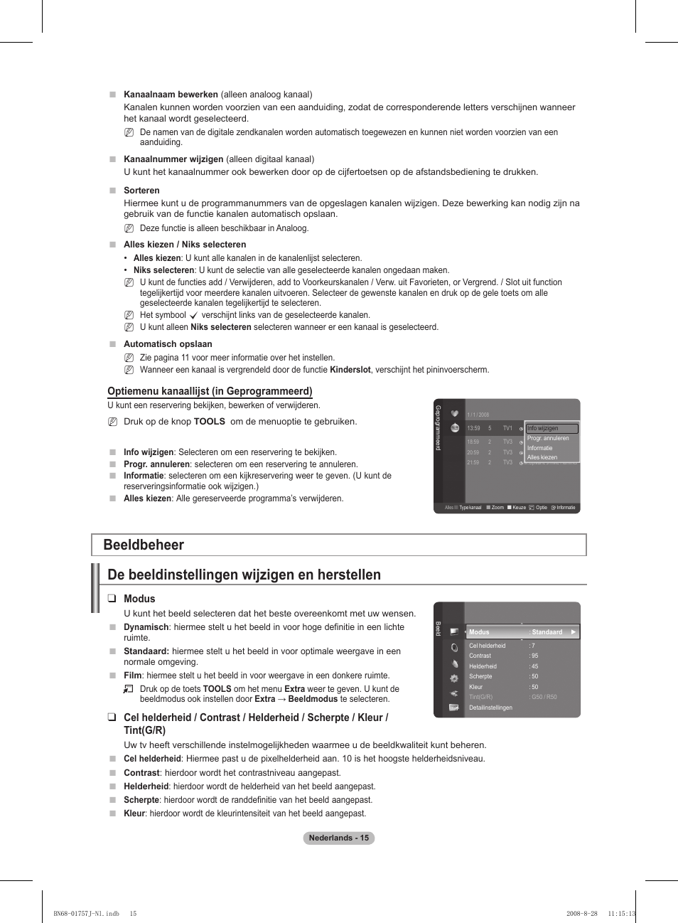 Optiemenu kanaallijst (in geprogrammeerd), Modus | Samsung PS63A756T1M User Manual | Page 202 / 436
