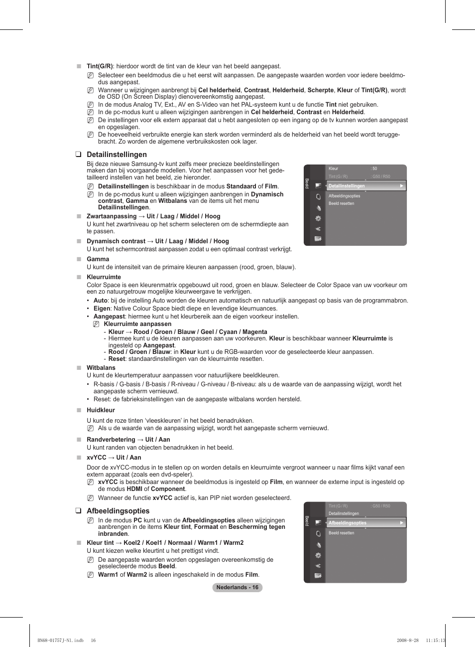 Detailinstellingen, Afbeeldingsopties | Samsung PS63A756T1M User Manual | Page 203 / 436