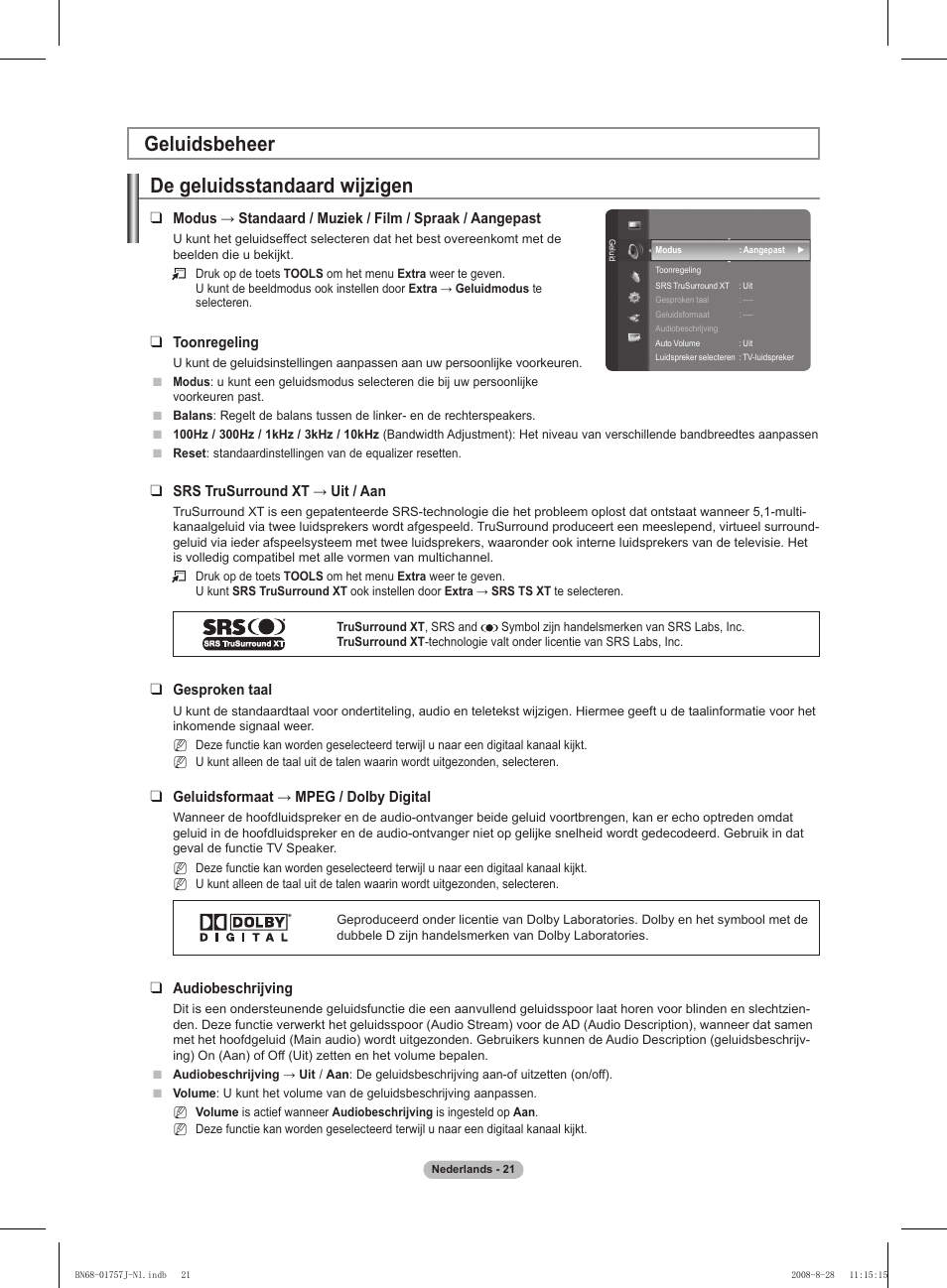 Geluidsbeheer de geluidsstandaard wijzigen | Samsung PS63A756T1M User Manual | Page 208 / 436