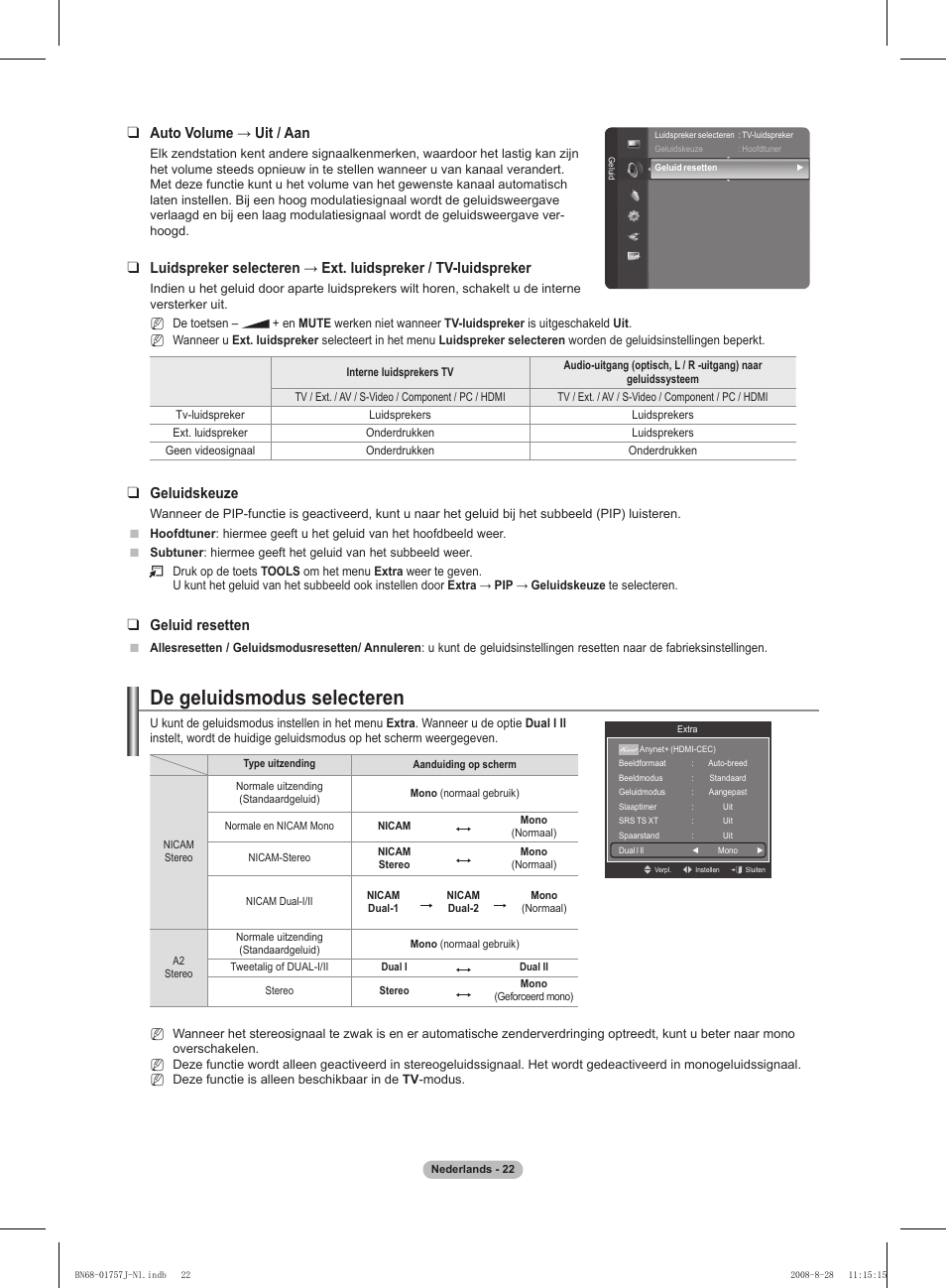 De geluidsmodus selecteren, Auto volume → uit / aan, Geluidskeuze | Geluid resetten | Samsung PS63A756T1M User Manual | Page 209 / 436