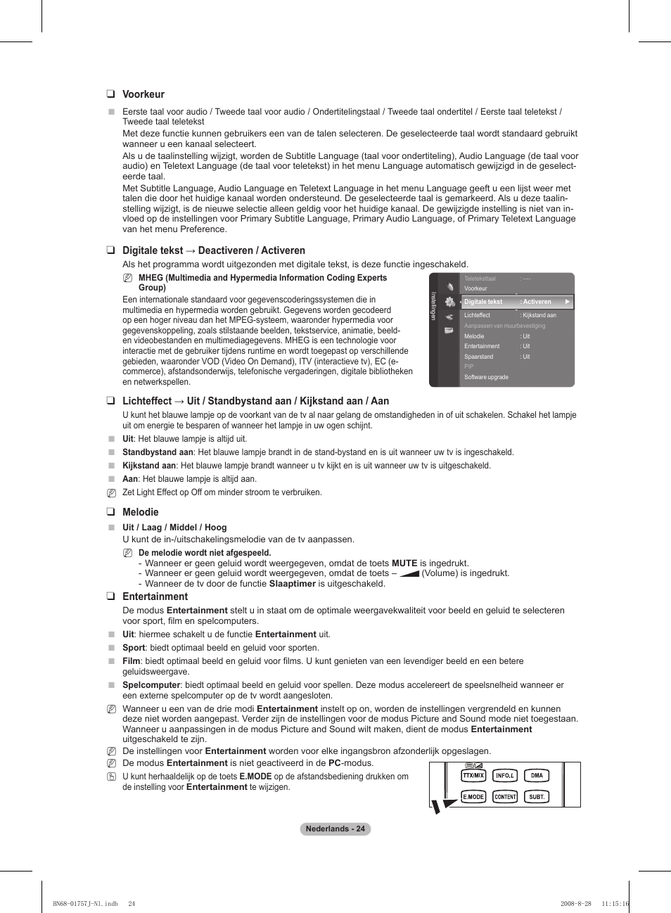Voorkeur, Digitale tekst → deactiveren / activeren, Melodie | Entertainment | Samsung PS63A756T1M User Manual | Page 211 / 436