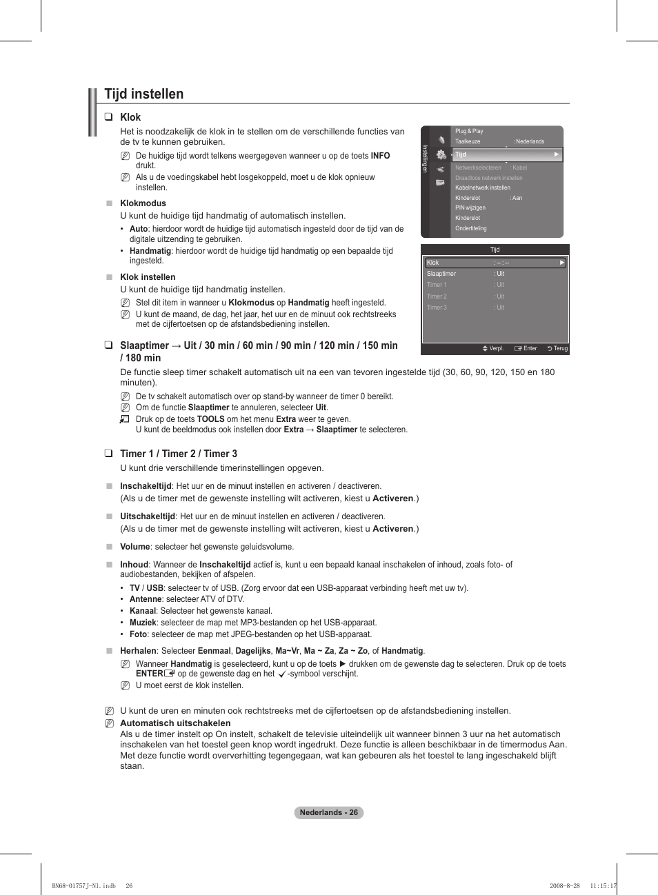 Tijd instellen, Klok, Timer 1 / timer  / timer 3 | Samsung PS63A756T1M User Manual | Page 213 / 436