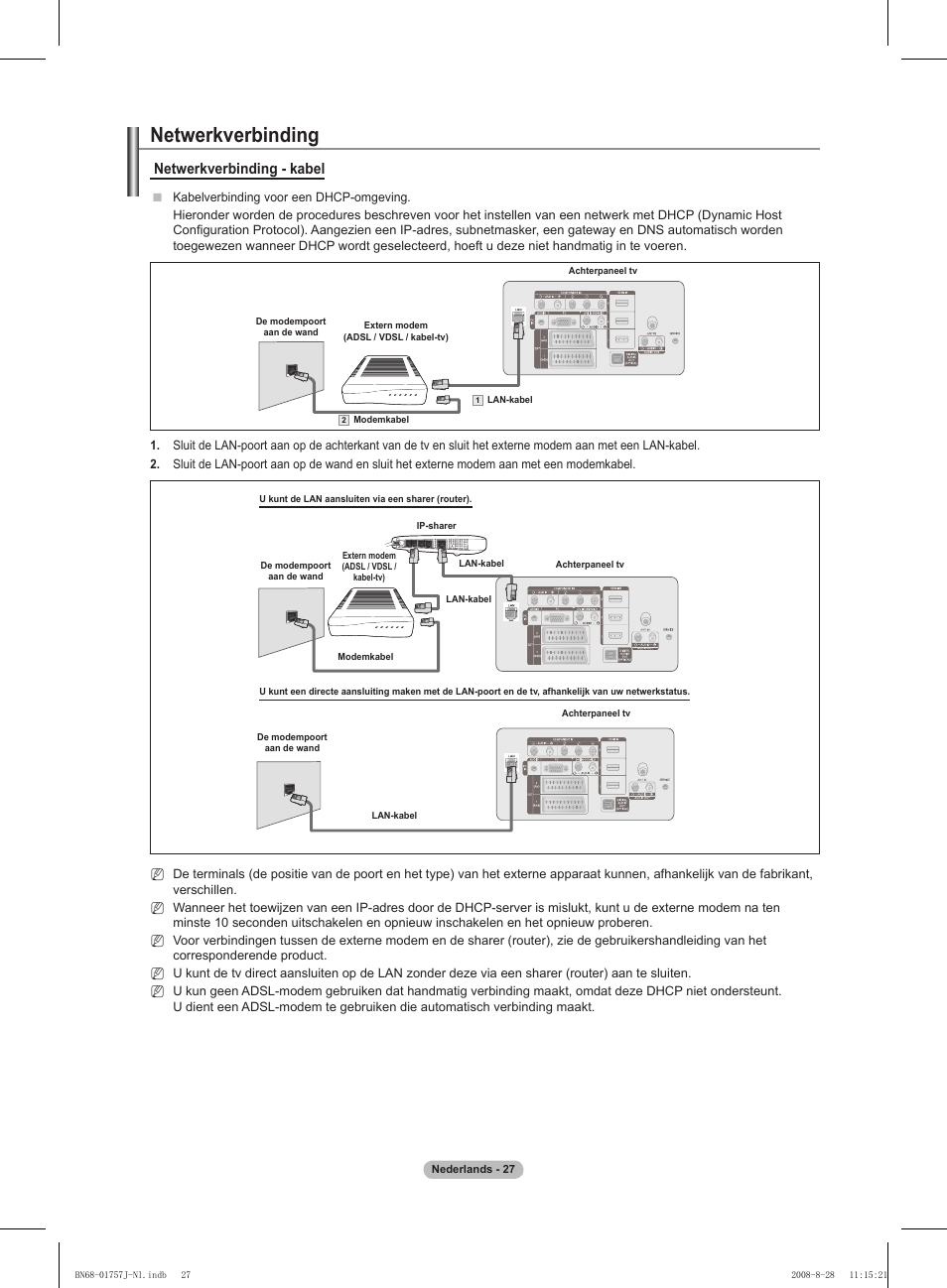 Netwerkverbinding, Netwerkverbinding - kabel | Samsung PS63A756T1M User Manual | Page 214 / 436