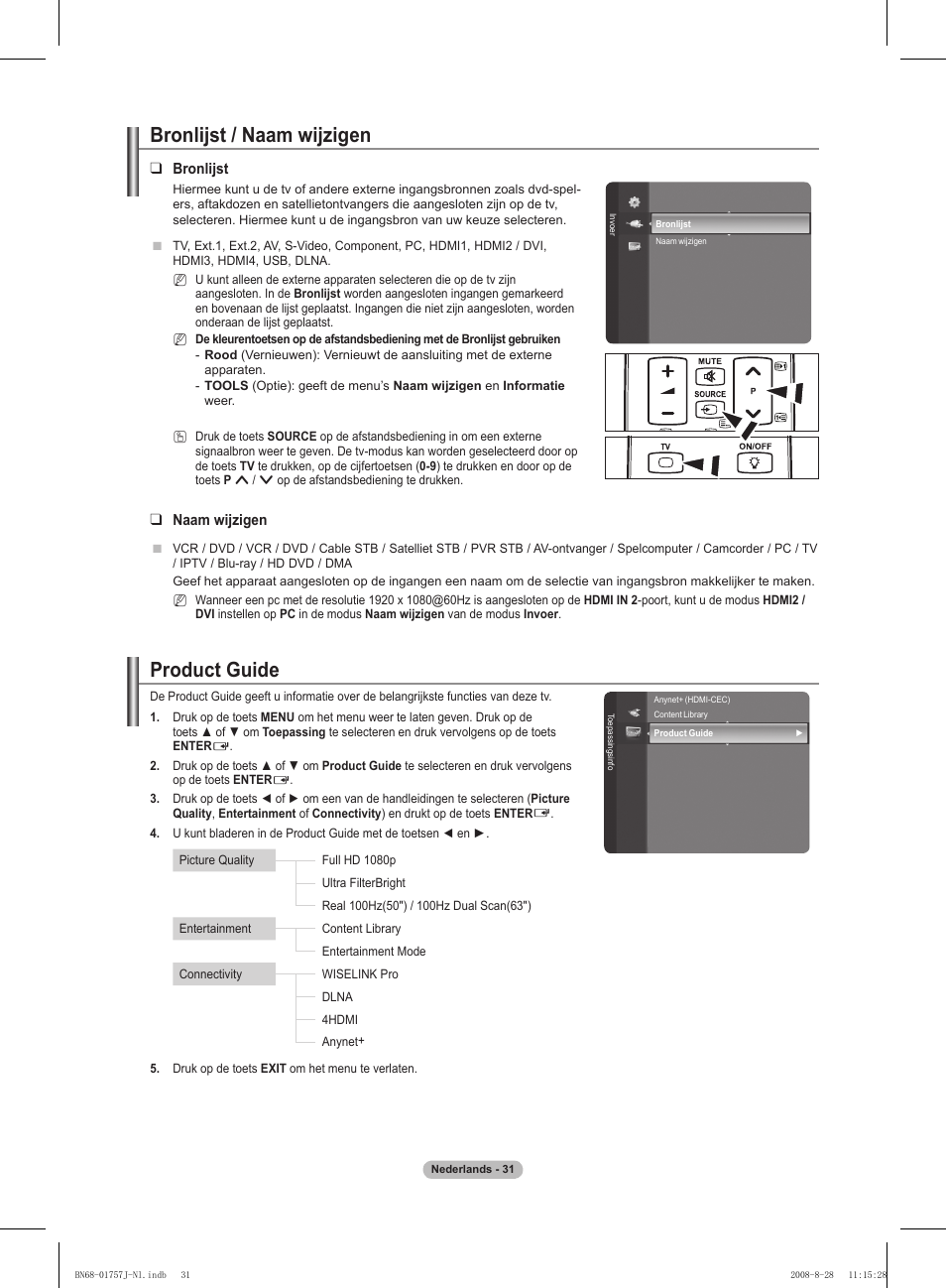 Bronlijst / naam wijzigen, Product guide | Samsung PS63A756T1M User Manual | Page 218 / 436