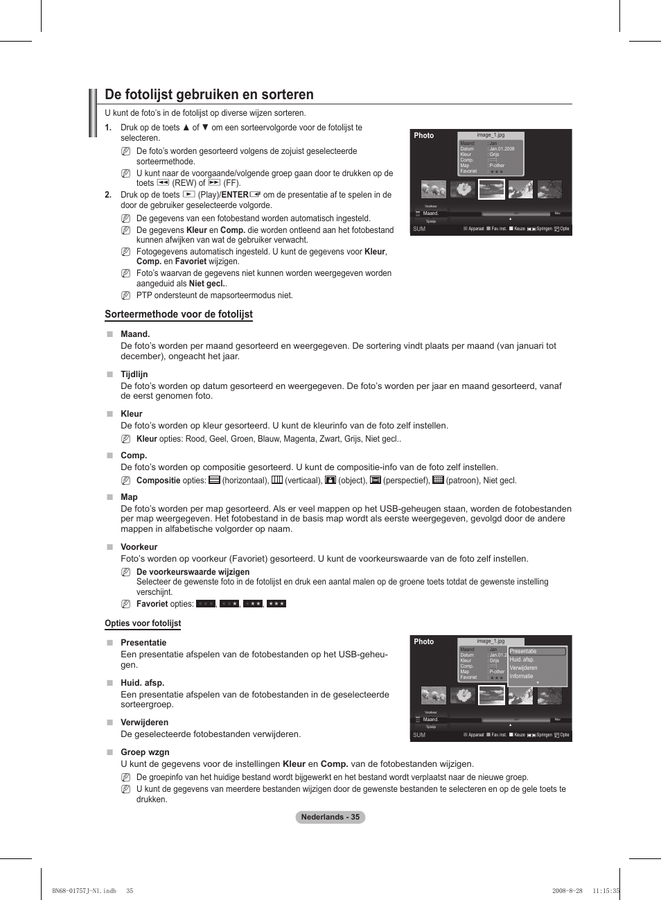 De fotolijst gebruiken en sorteren, Sorteermethode voor de fotolijst | Samsung PS63A756T1M User Manual | Page 222 / 436