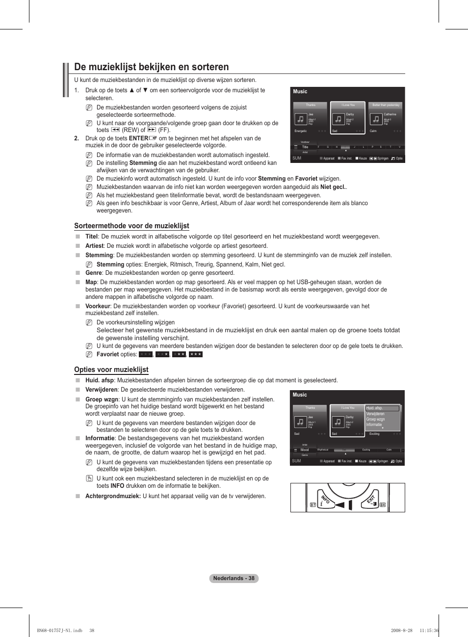 De muzieklijst bekijken en sorteren, Sorteermethode voor de muzieklijst, Opties voor muzieklijst | Rew) of, Ff). . druk op de toets enter, Nn n | Samsung PS63A756T1M User Manual | Page 225 / 436