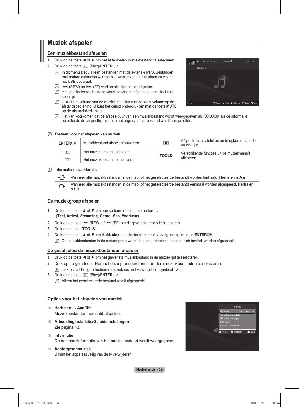 Muziek afspelen, Een muziekbestand afspelen, De muziekgroep afspelen | De geselecteerde muziekbestanden afspelen, Opties voor het afspelen van muziek | Samsung PS63A756T1M User Manual | Page 226 / 436