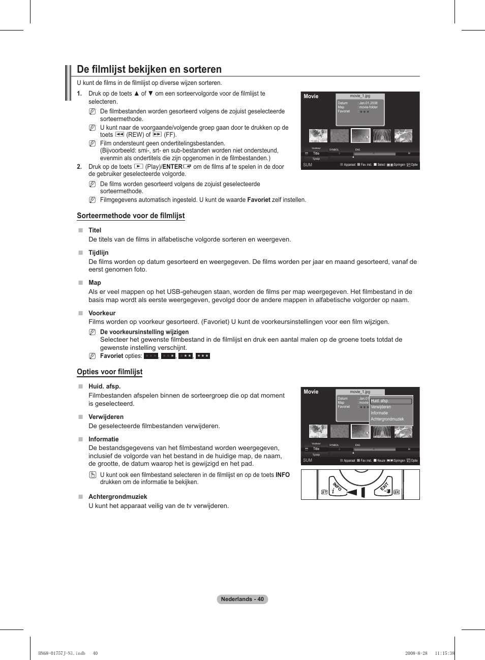 De filmlijst bekijken en sorteren, Sorteermethode voor de filmlijst, Opties voor filmlijst | Samsung PS63A756T1M User Manual | Page 227 / 436
