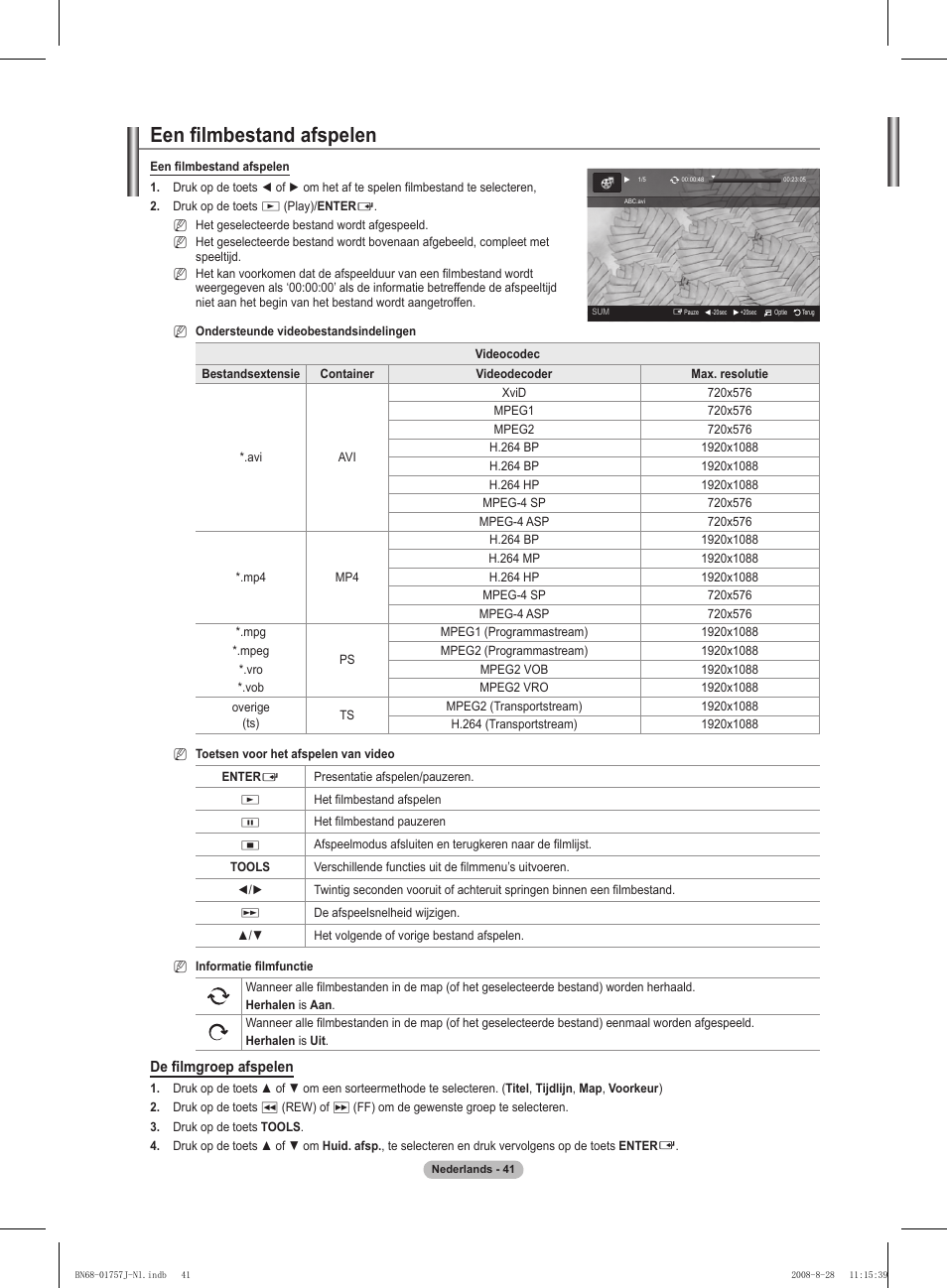 Een fi lmbestand afspelen, De fi lmgroep afspelen | Samsung PS63A756T1M User Manual | Page 228 / 436