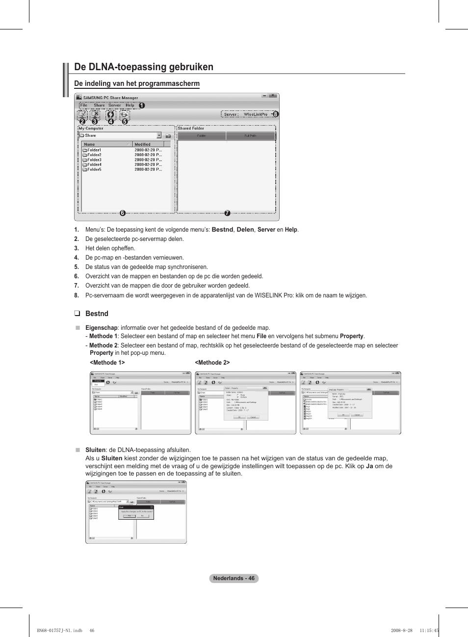 De dlna-toepassing gebruiken, De indeling van het programmascherm, Bestnd | Samsung PS63A756T1M User Manual | Page 233 / 436