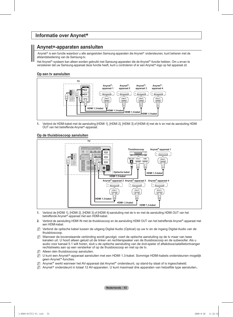Anynet+-apparaten aansluiten, Informatie over anynet, Op een tv aansluiten | Op de thuisbioscoop aansluiten | Samsung PS63A756T1M User Manual | Page 240 / 436