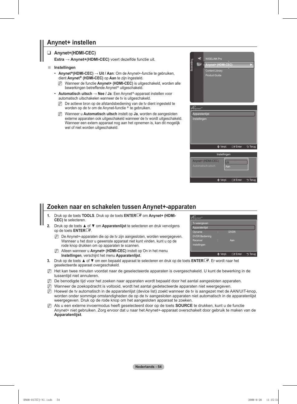 Zoeken naar en schakelen tussen anynet+-apparaten, Anynet+ instellen, Anynet+(hdmi-cec) | Samsung PS63A756T1M User Manual | Page 241 / 436