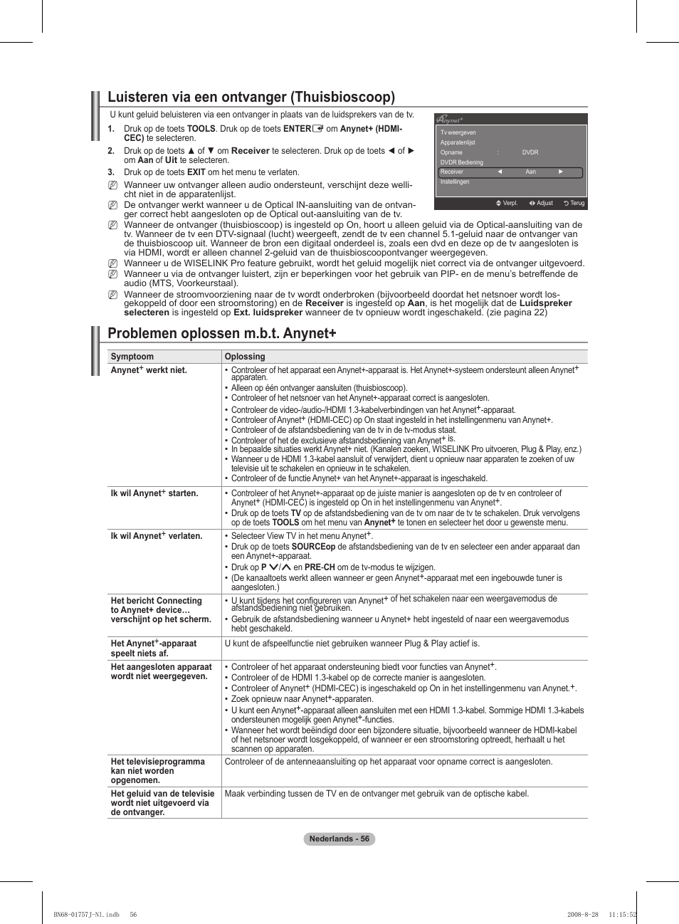 Luisteren via een ontvanger (thuisbioscoop), Problemen oplossen m.b.t. anynet | Samsung PS63A756T1M User Manual | Page 243 / 436