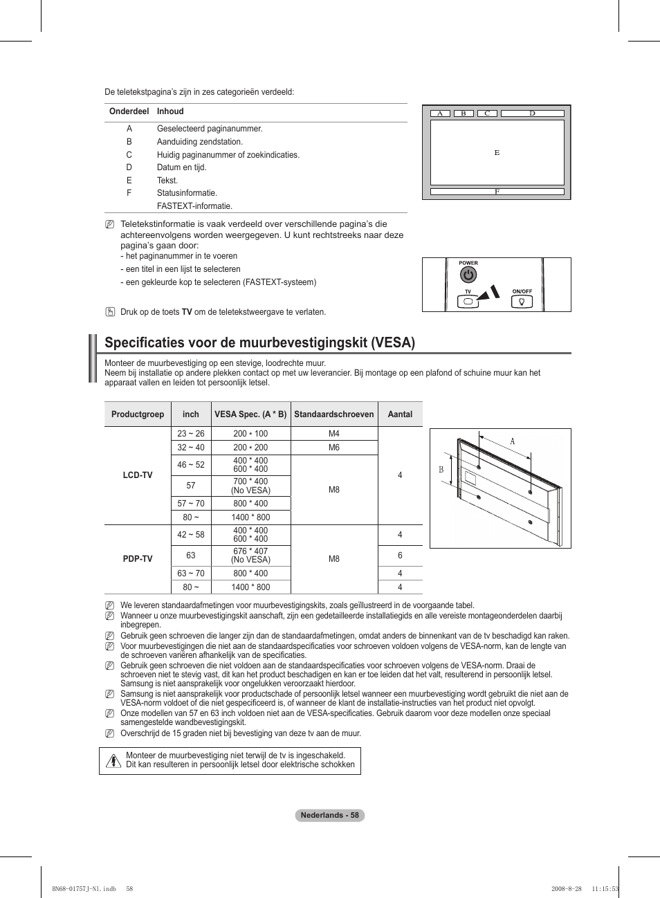 Specificaties voor de muurbevestigingskit (vesa) | Samsung PS63A756T1M User Manual | Page 245 / 436
