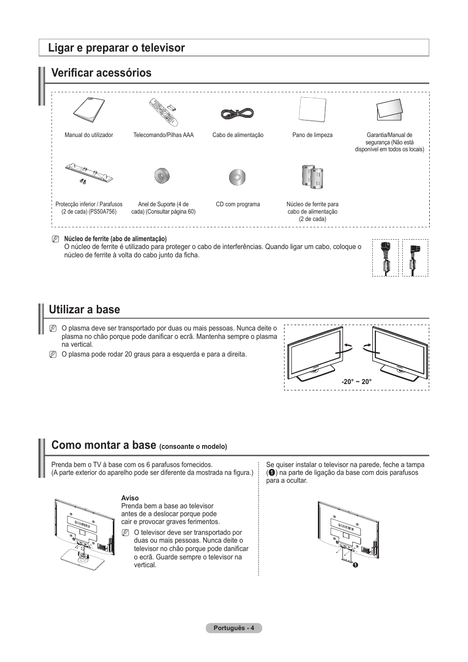 Ligar e preparar o televisor verificar acessórios, Utilizar a base, Como montar a base | Samsung PS63A756T1M User Manual | Page 253 / 436