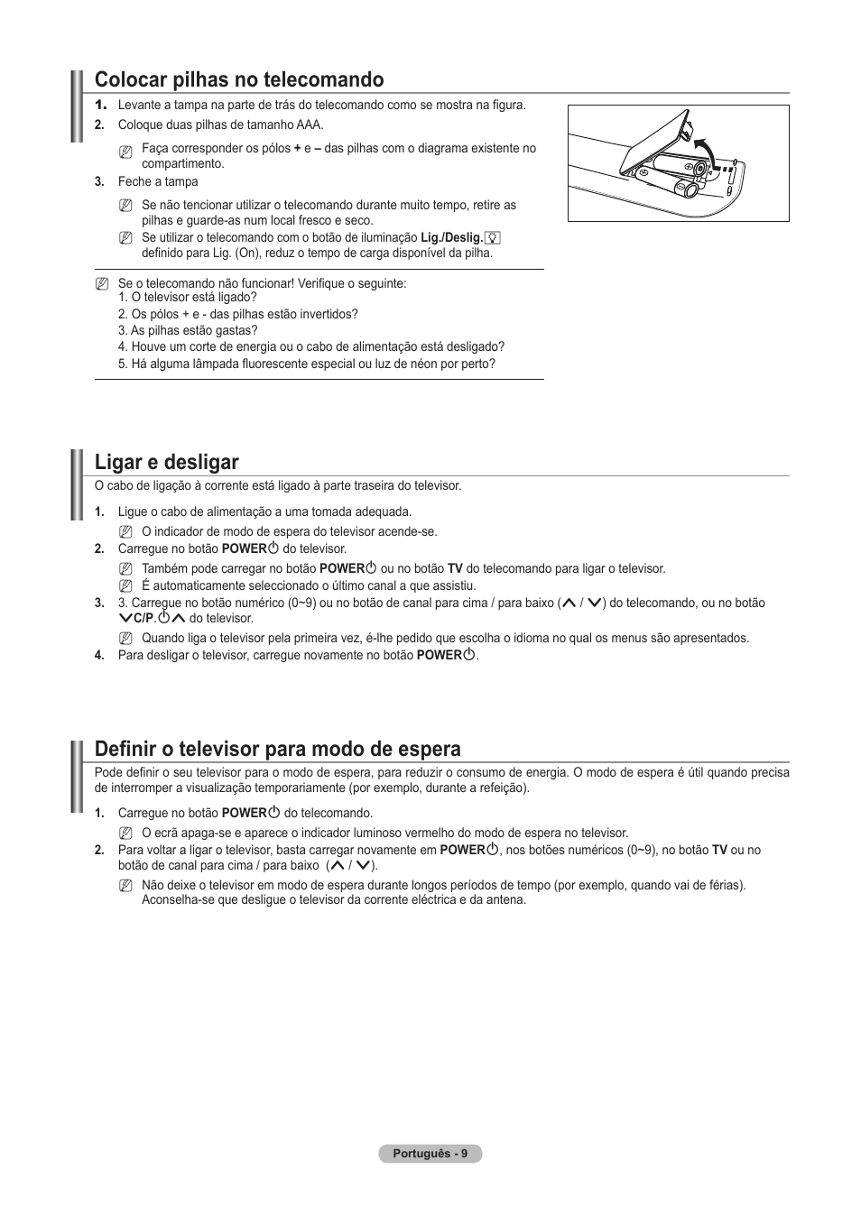 Colocar pilhas no telecomando, Ligar e desligar, Definir o televisor para modo de espera | Samsung PS63A756T1M User Manual | Page 258 / 436